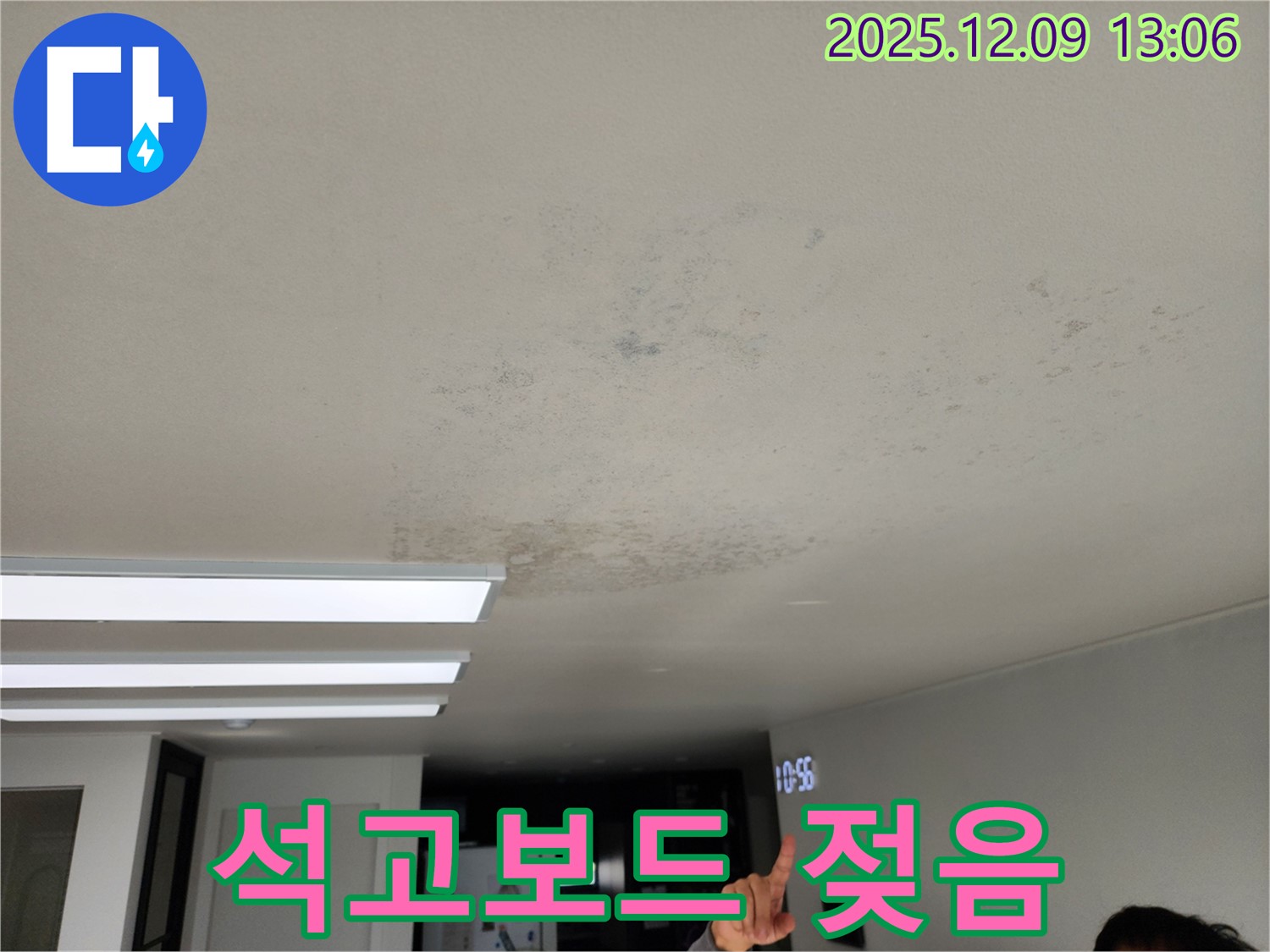 석고보드 젖음 - 성동리 누수 현장에서 천장 석고보드가 젖어 있는 위험한 상황을 보여줍니다.
