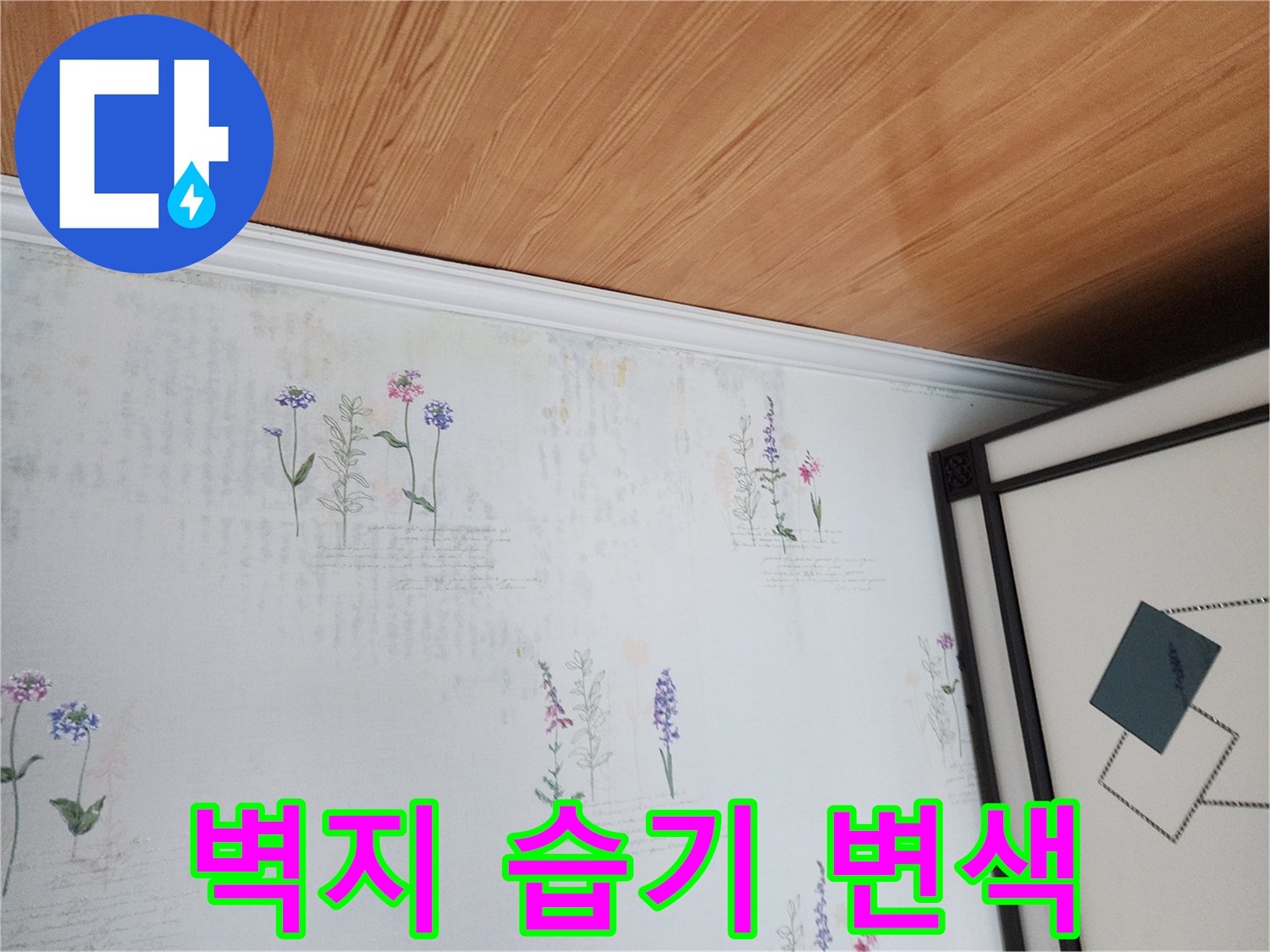 영중면 현장 천장 벽지의 습기로 인한 변색 부위
