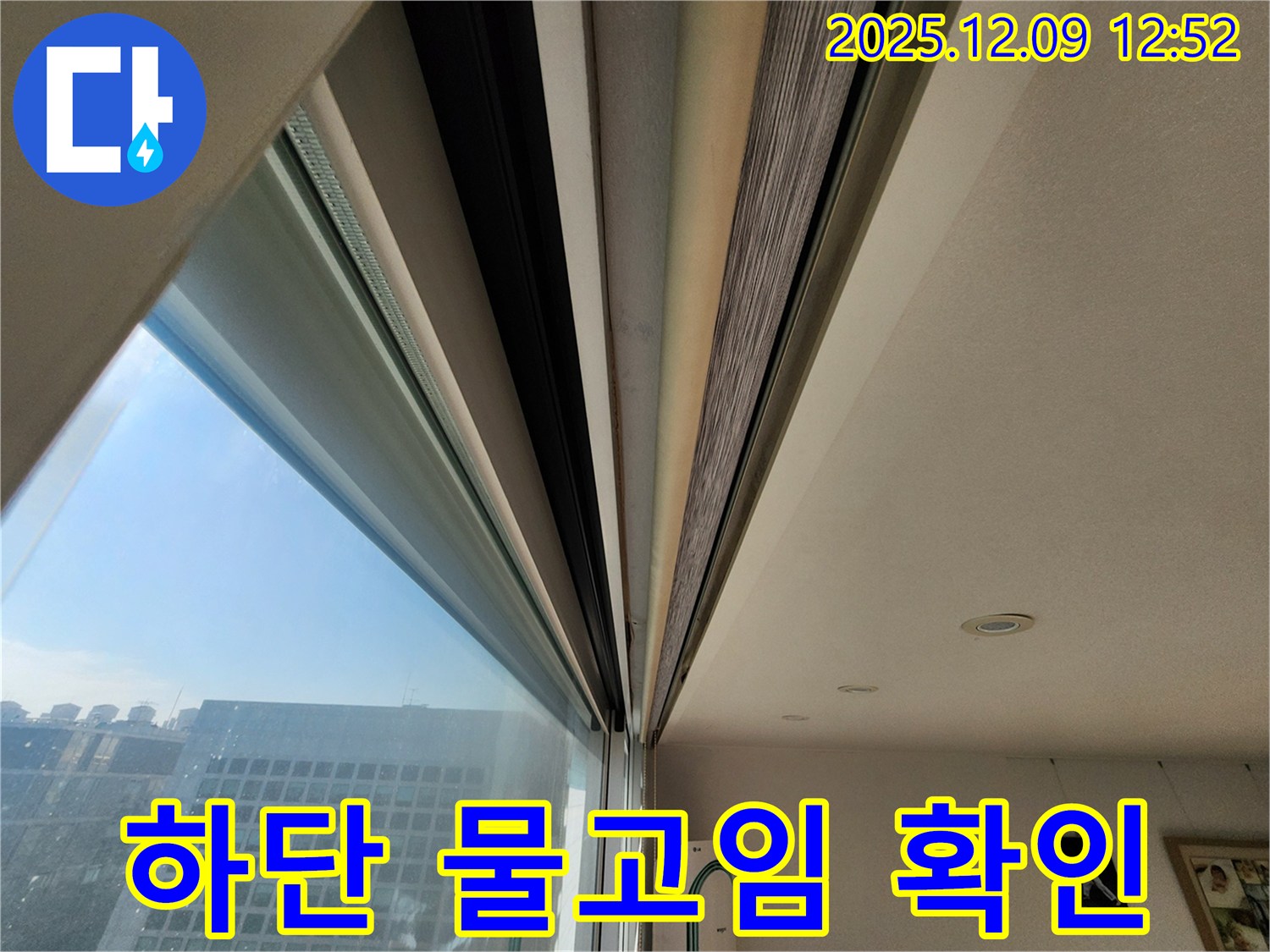 창틀 하단 물고임 - 배수구 막힘을 확인하세요.