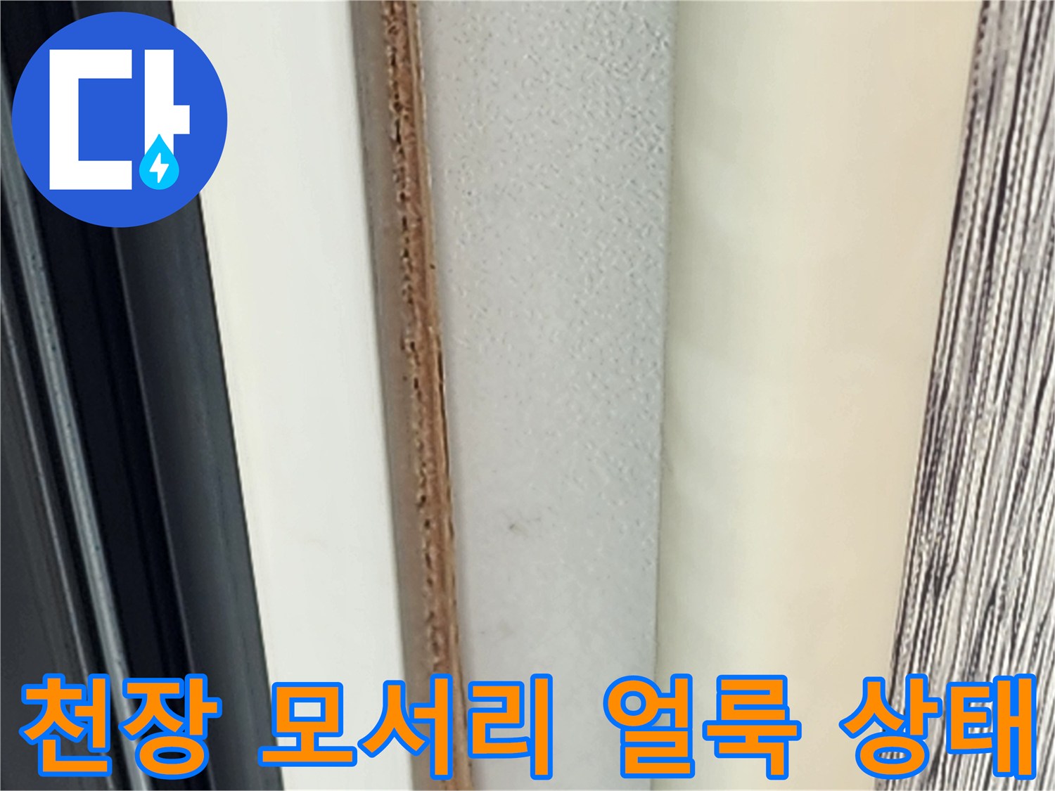 천장 구석 부분의 짙은 변색과 습기 흔적입니다.