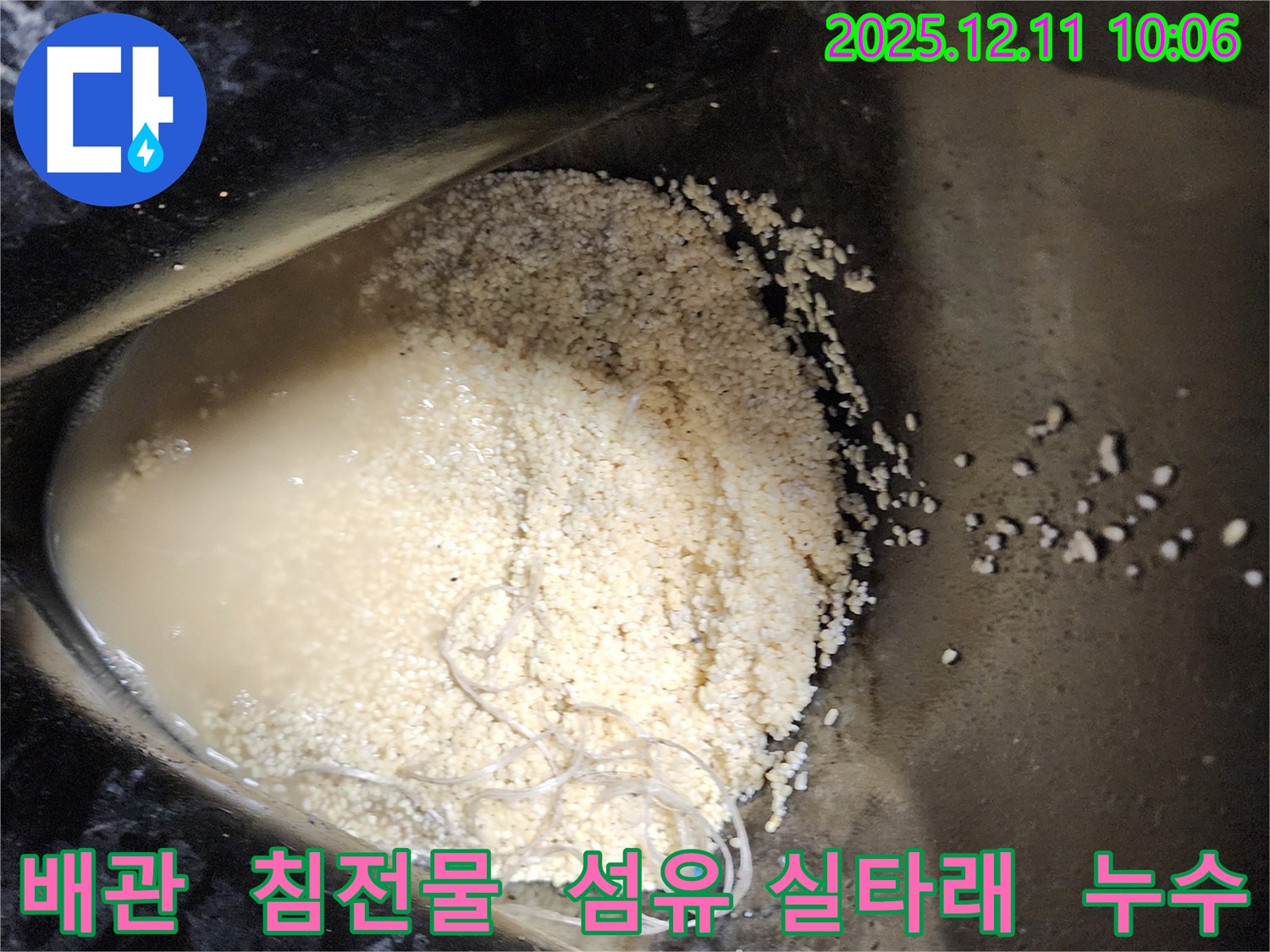 배관 속 하얀 침전물과 섬유 실타래 - 배관 속에 하얀 침전물과 섬유 실타래가 섞여 누수를 유발하는 모습입니다.