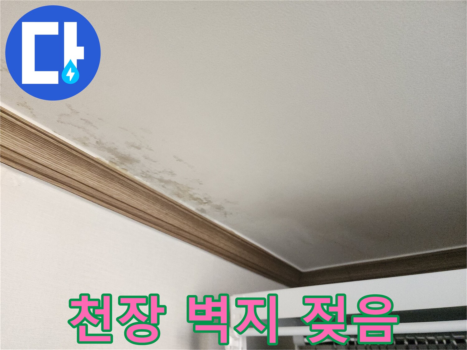 천장과 벽면 사이의 습기로 인한 변색 부위