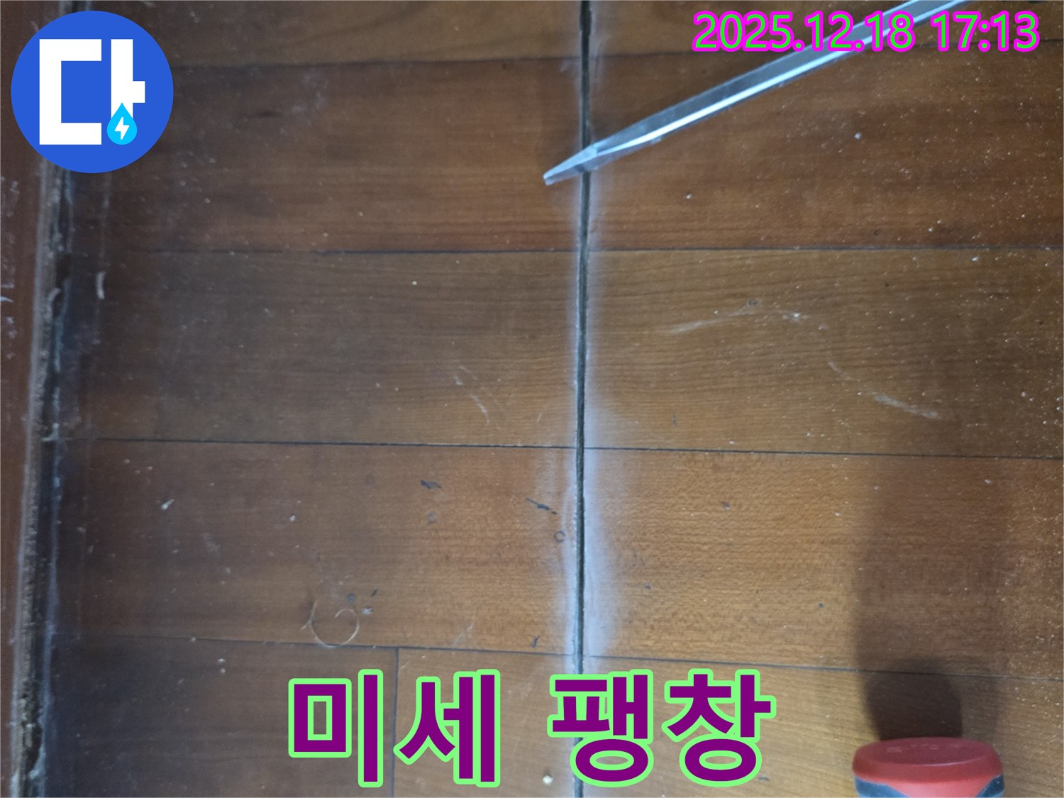 마루 틈새 미세 팽창 - 틈새 주변 마루가 아주 미세하게 부풀어 오른 상태