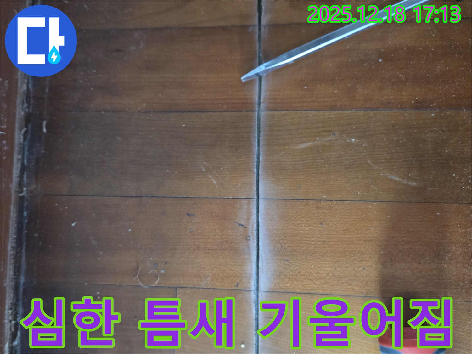 마루 틈새 심한 기울어짐 - 틈새 주변 마루가 한쪽으로 심하게 기울어진 상태