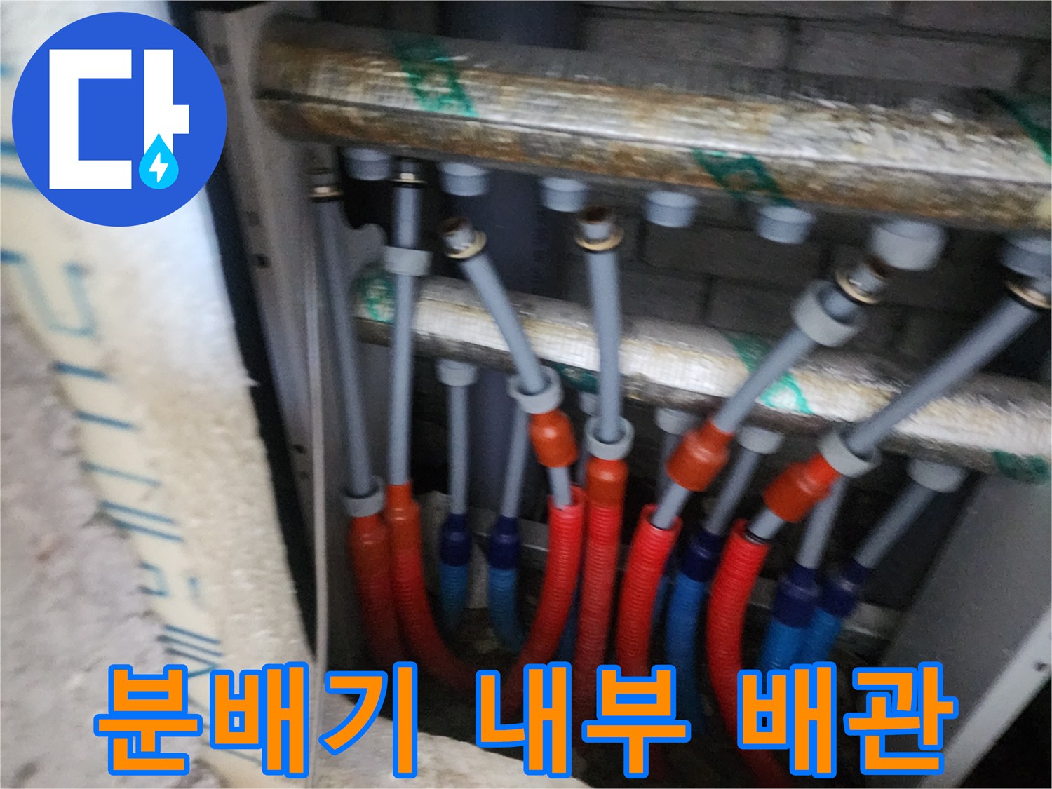 분배기에 연결된 빨간색과 파란색 이중관 배관 사진