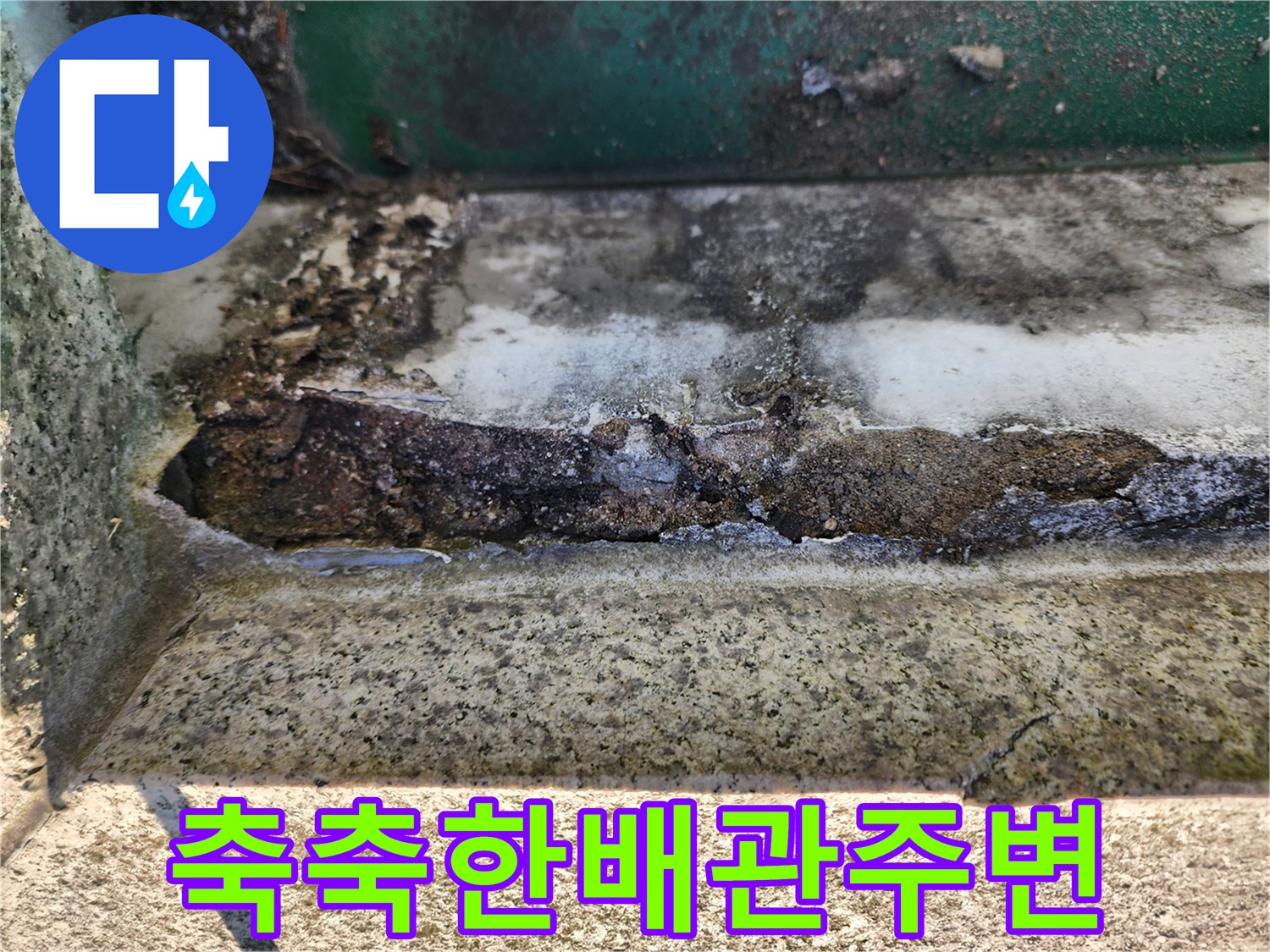 싱크대-하단-배수-연결부의-젖어있는-콘크리트-면