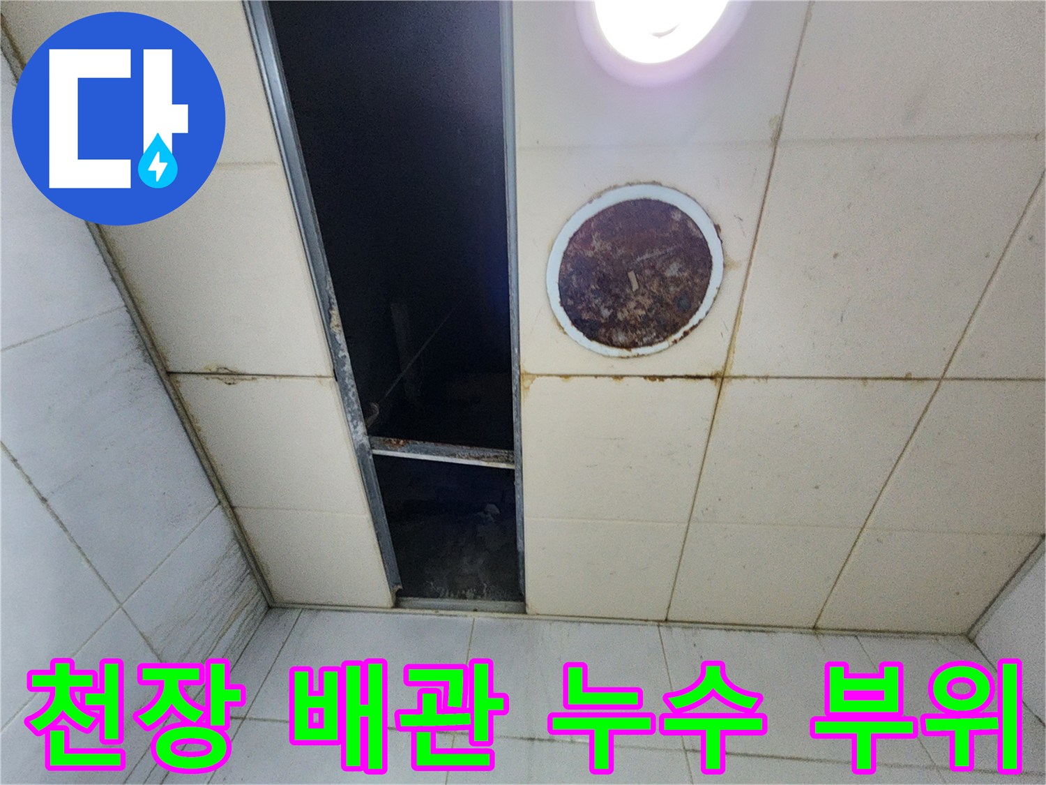어둡게 젖은 천장 타일 틈새와 오염된 원형 마감재