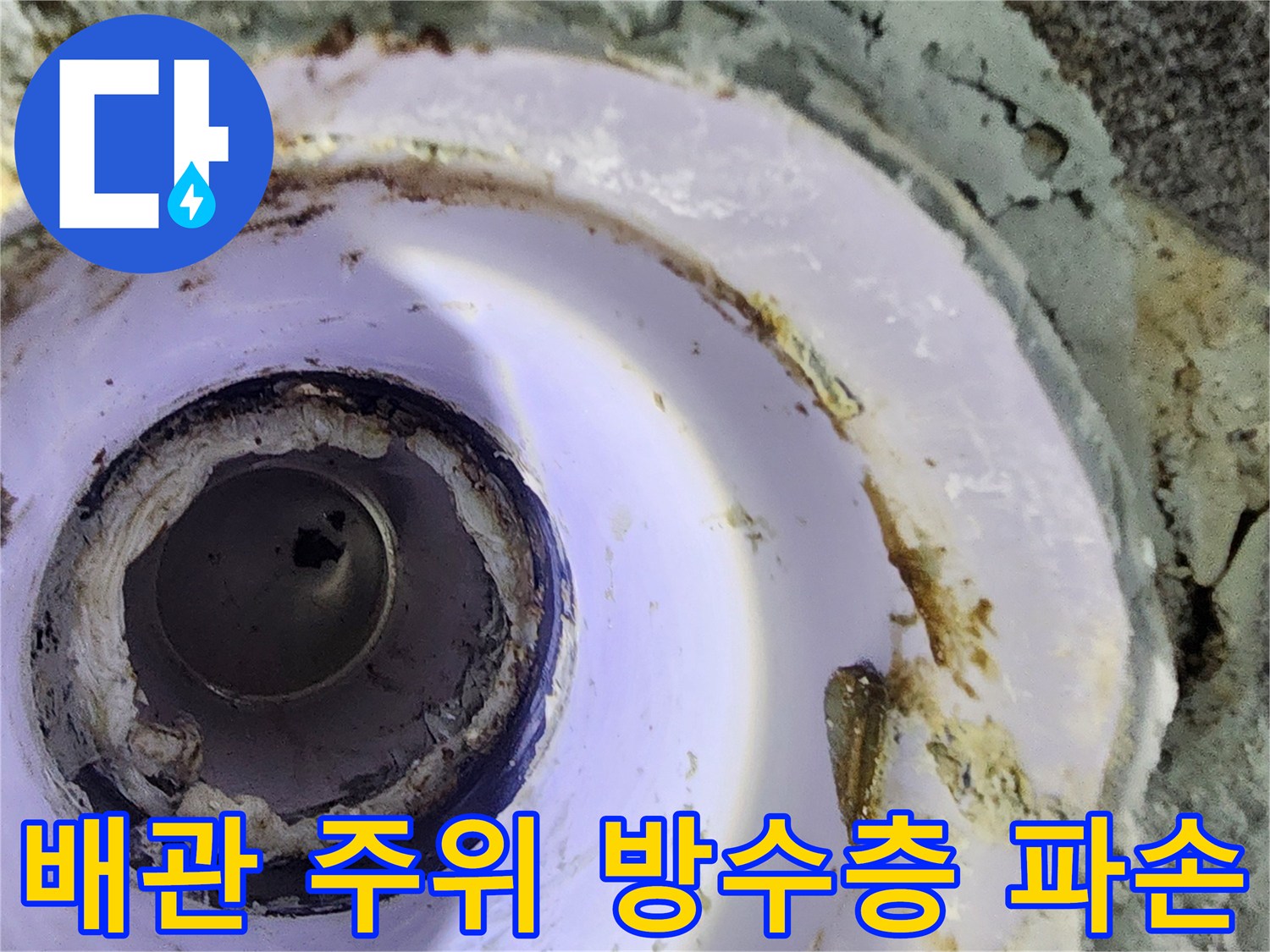 하수구 배관 주변의 깨진 마감재와 틈새
