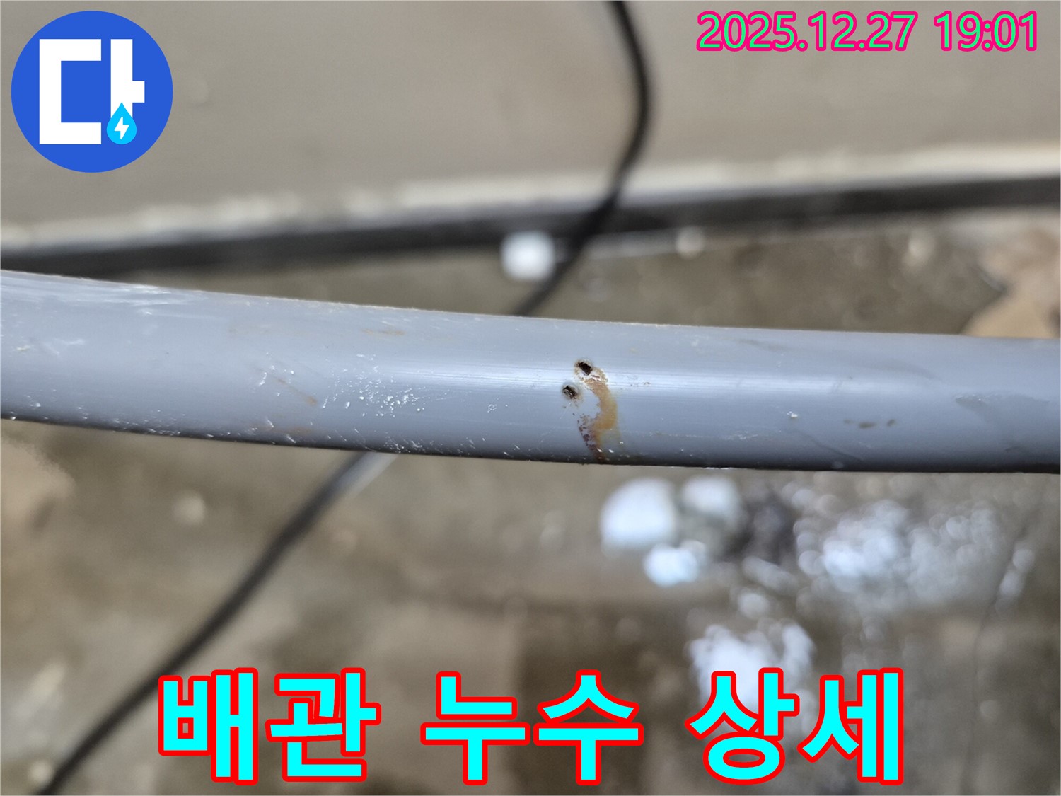 배관 누수 상세 사진 - 작은 구멍에서 물이 솟아나고 있습니다.