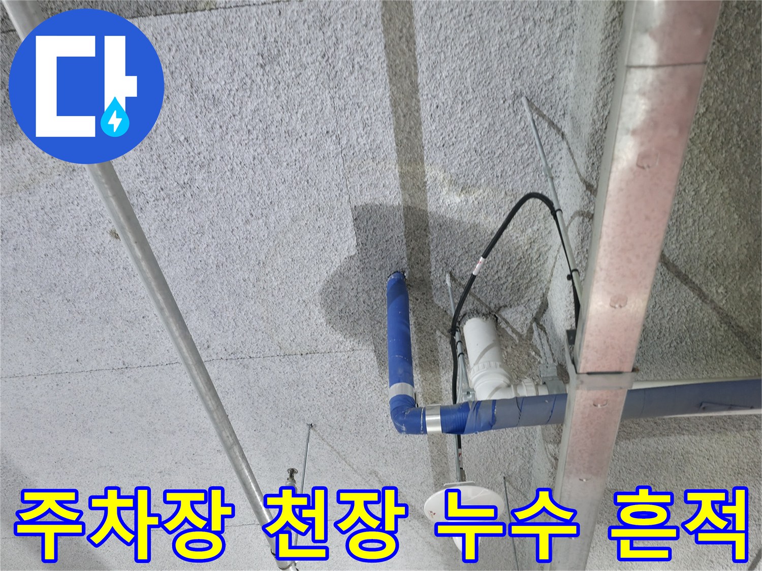 양주 옥정동 주차장 천장 슬래브에 발생한 물자국과 젖은 배관 상태