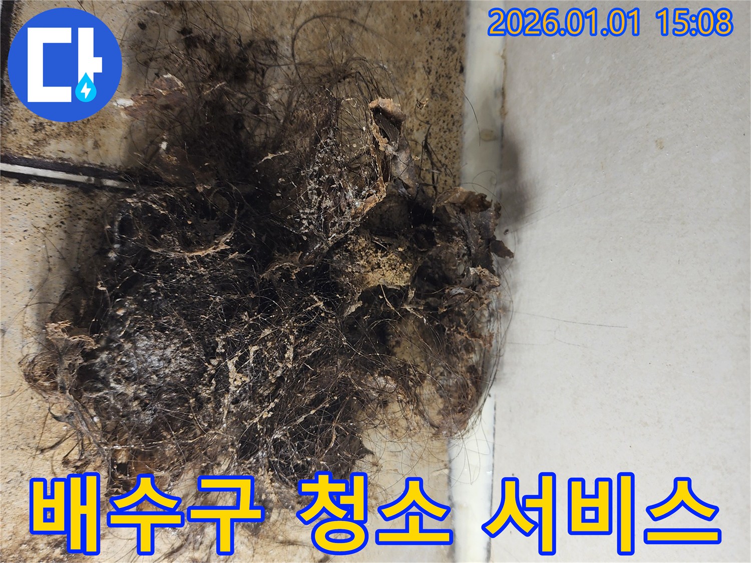 배수구 청소 서비스 제공 - 머리카락 뭉치 제거 작업