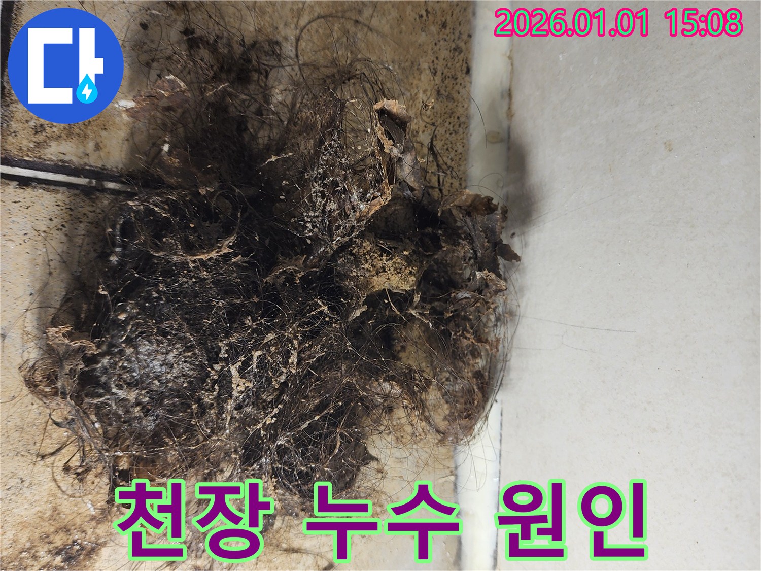 천장 누수 - 배수구 막힘으로 인한 천장 누수