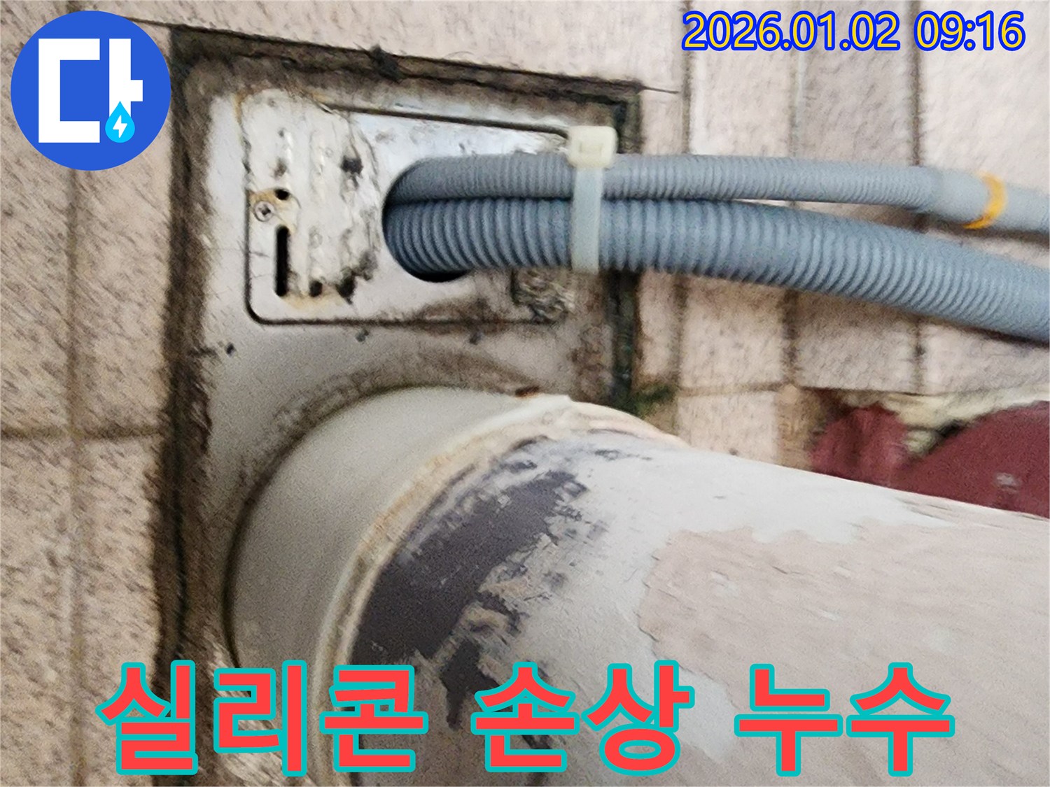 세탁기 하수구 주변 실리콘 손상 - 실리콘이 손상되어 틈새가 생기고 누수가 발생하고 있습니다.