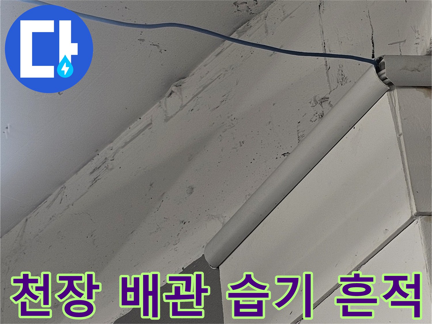 습기가 번진 천장 마감재와 검은색 PVC 배관
