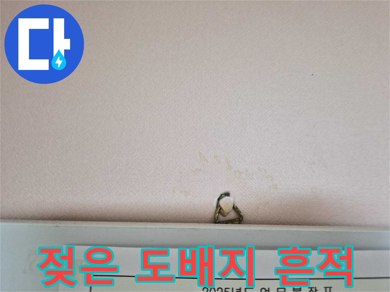물에 젖어 변색된 천장 벽지 부분