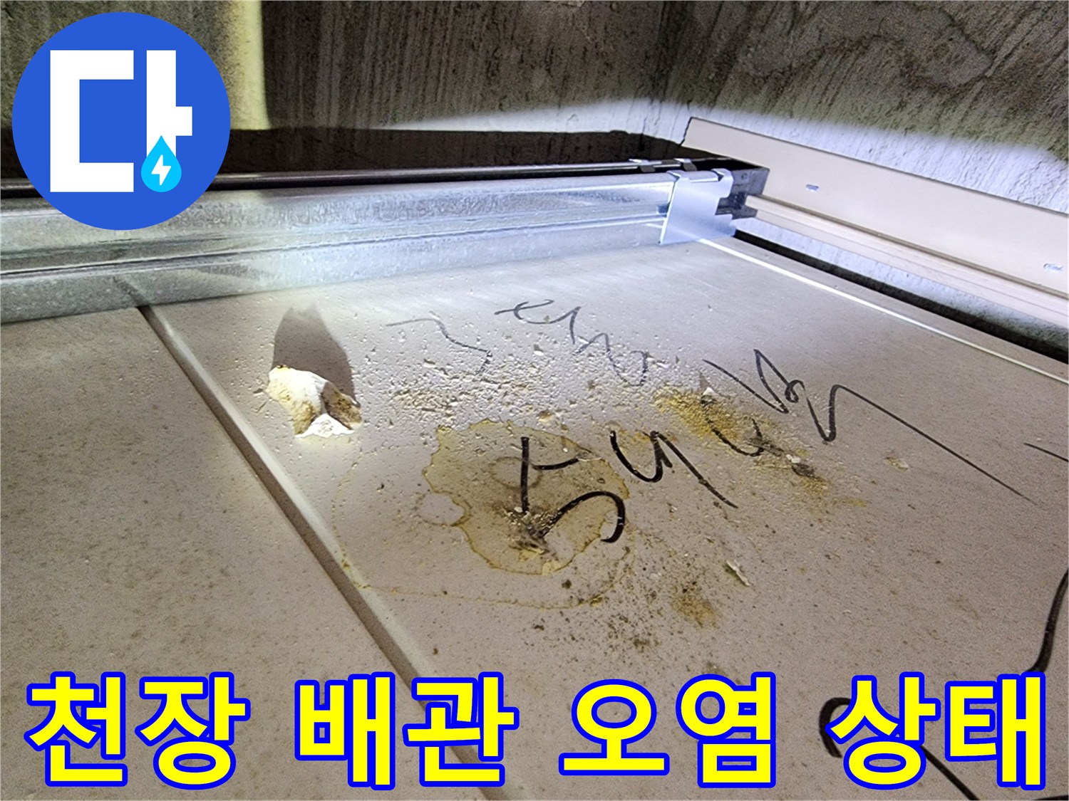 화장실 천장재에 남은 누수 흔적과 오물 상태