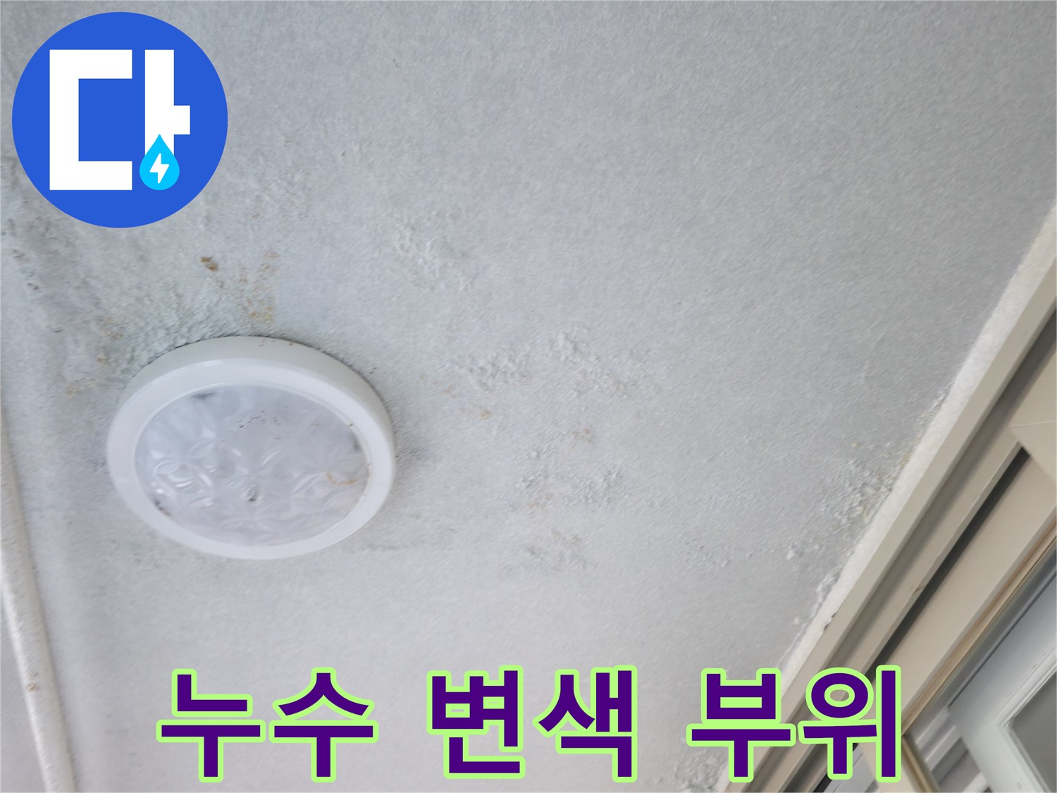 천장 조명 근처의 물샘 및 변색 흔적