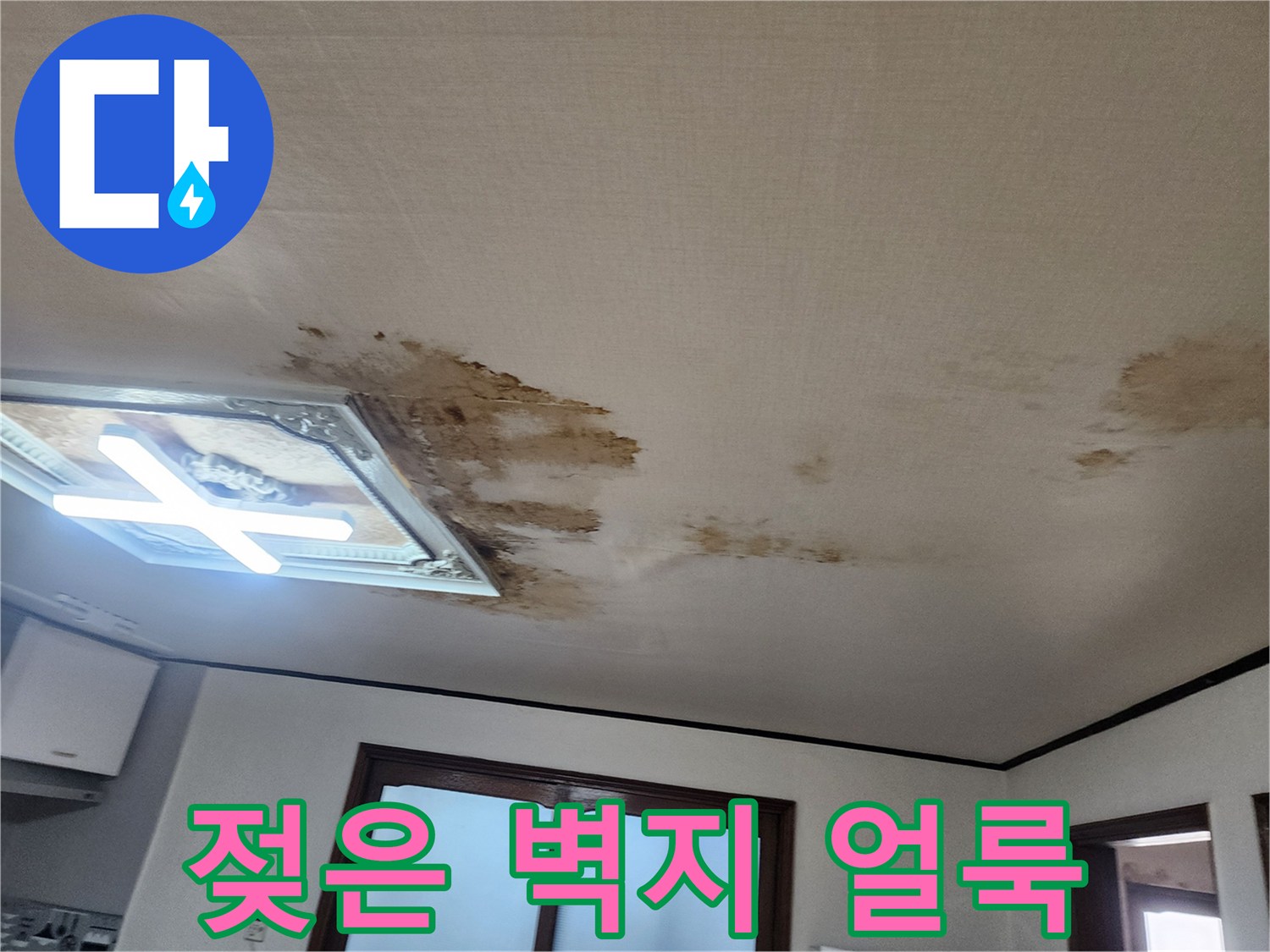 천장 조명 근처의 젖고 변색된 누수 흔적