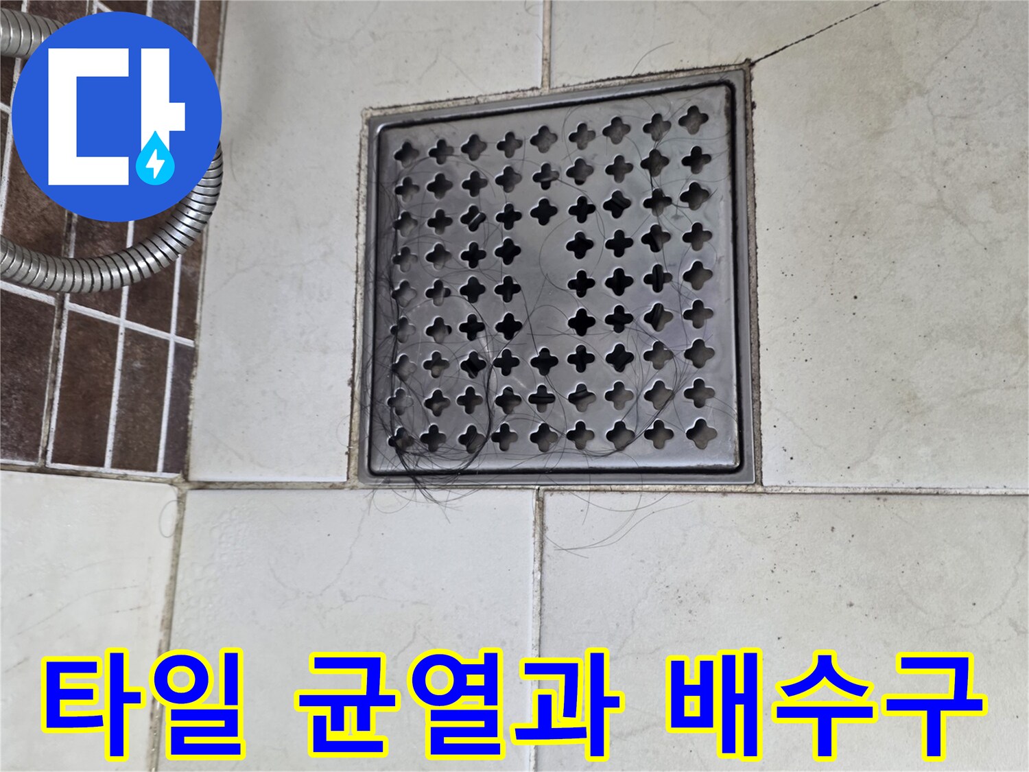 배수구 주변의 갈라진 타일 조각들