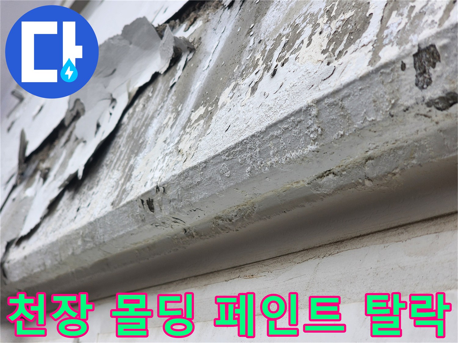 습기로 인해 부풀어 오른 천장 마감재-페인트 조각이 떨어짐