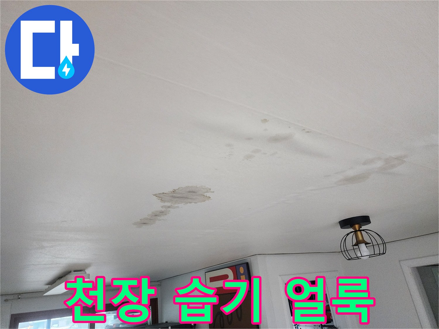 누수로 인해 변색된 거실 천장 면적