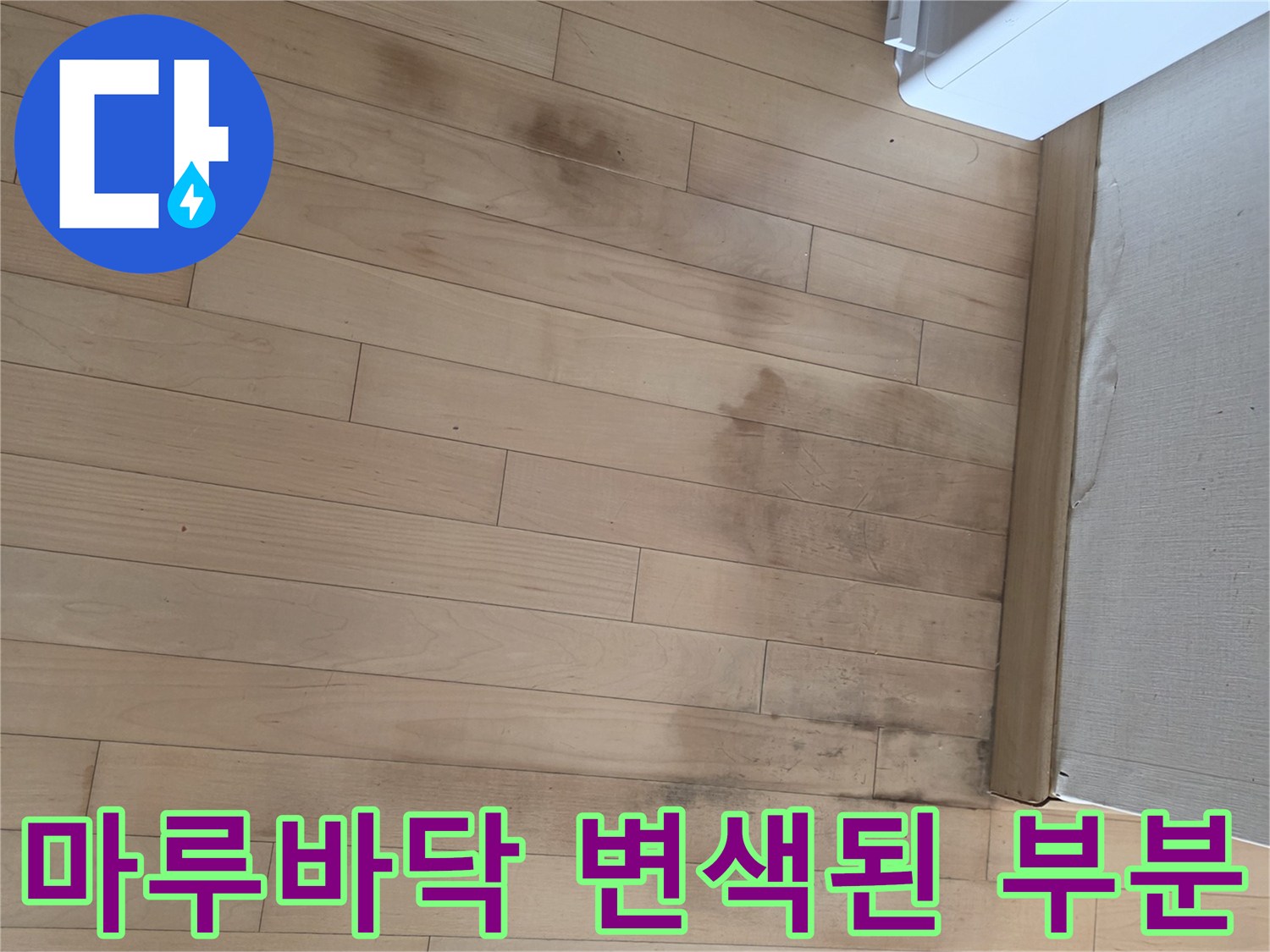 아파트 거실 마루 바닥에 넓게 퍼진 습기 얼룩 사진