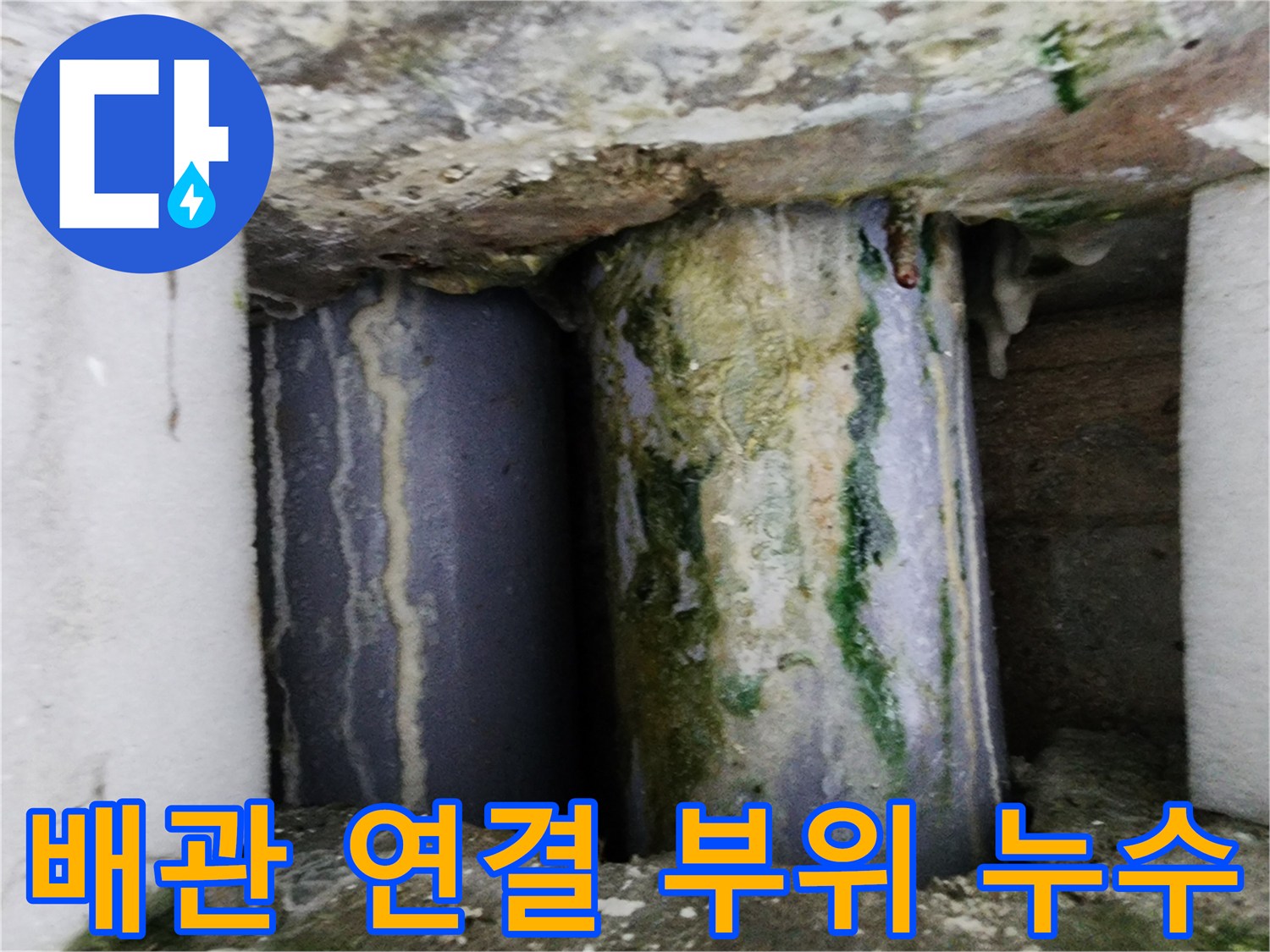 이끼와 물때가 낀 노후된 배관의 연결 부위 모습