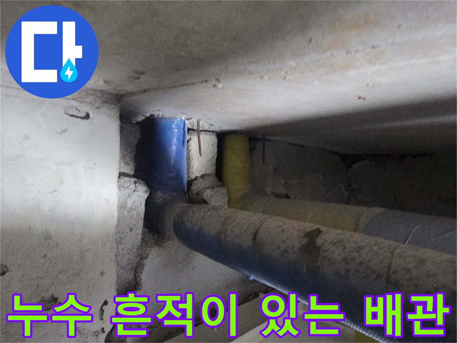 물샘 현상이 나타난 파란색 보온재 배관 부위