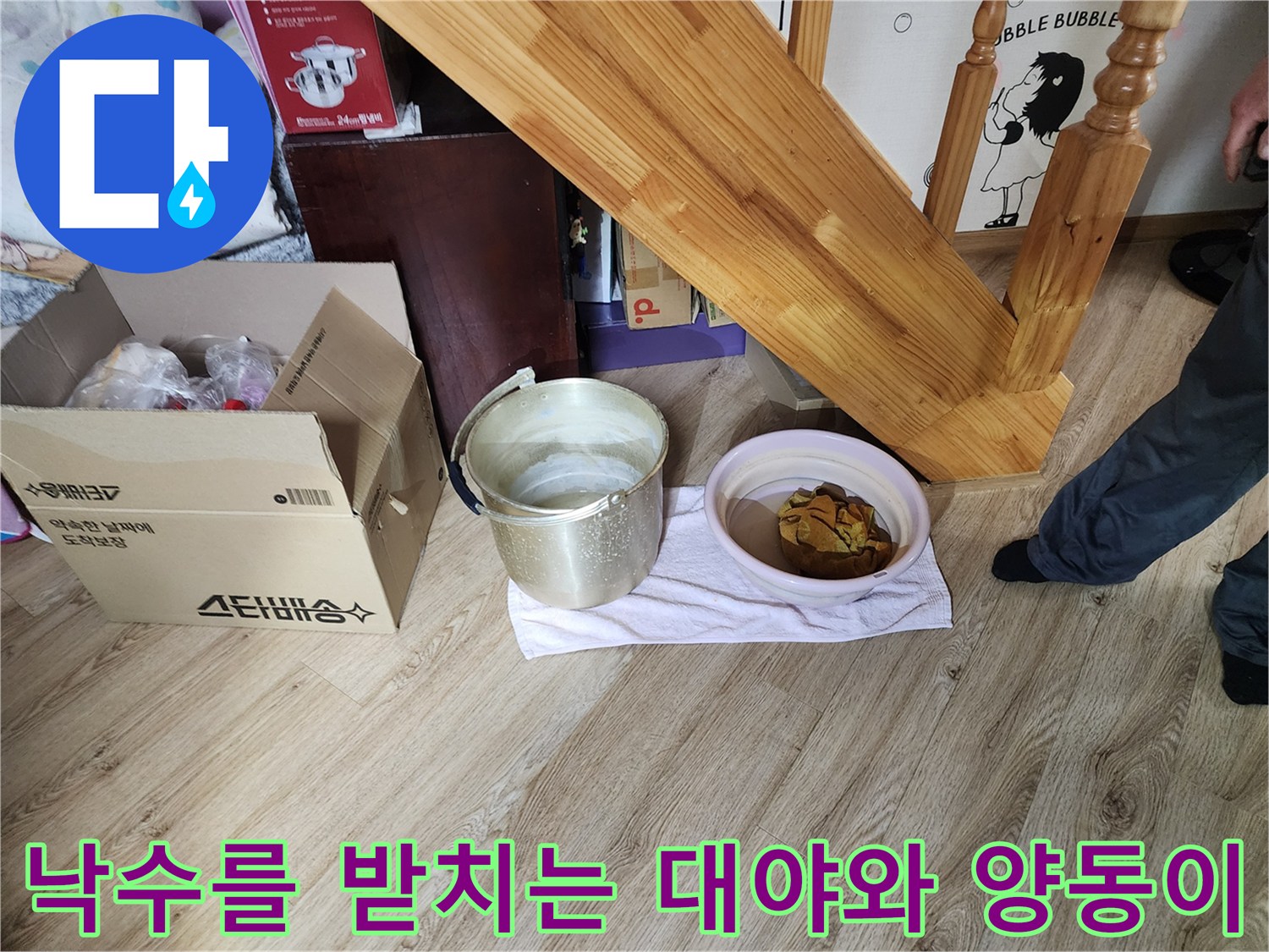 천장에서 떨어지는 물을 받치고 있는 용기들