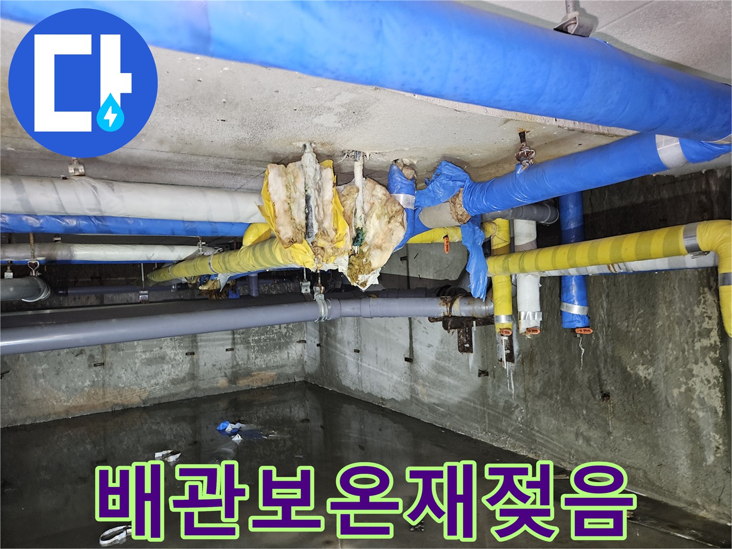 물기가 스며든 지하층 배관 보온재와 바닥 고인 물