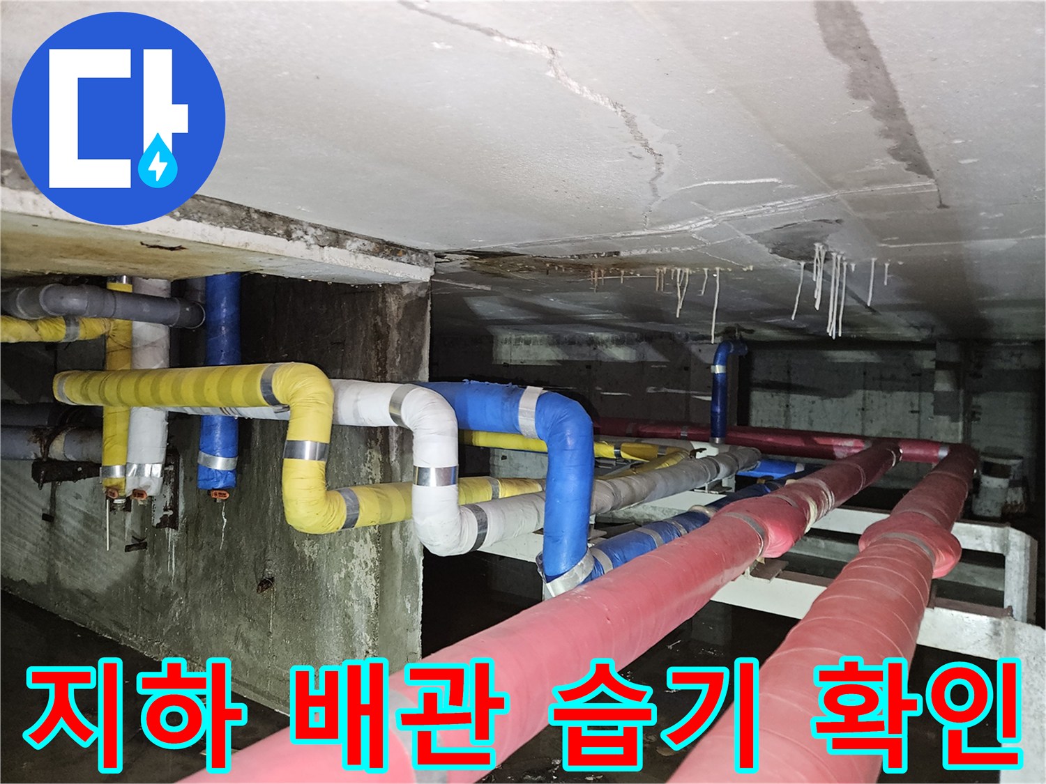 분당 빌라 지하 천장-배관 보온재가 젖어 있는 상태입니다