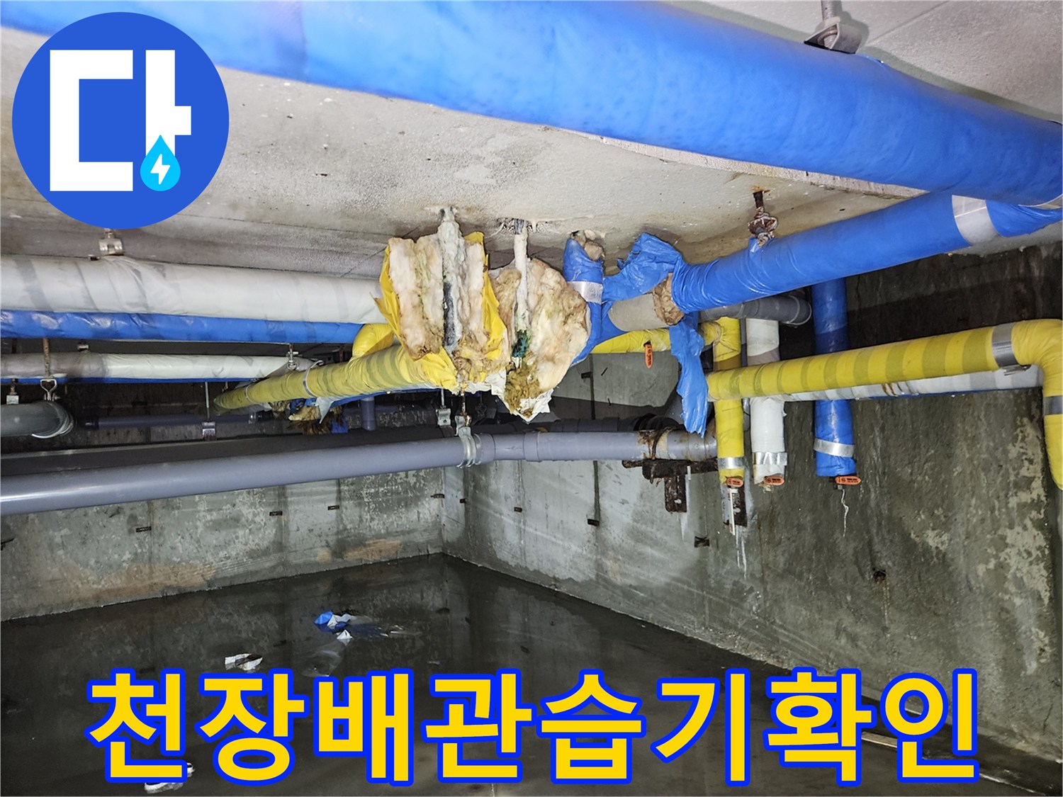 젖은 보온재가 보이는 지하 천장 배관 시설