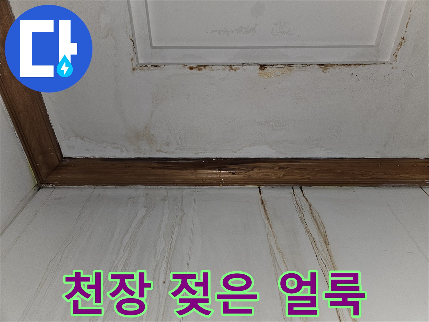 천장과 몰딩 경계 부위의 누수 흔적 사진