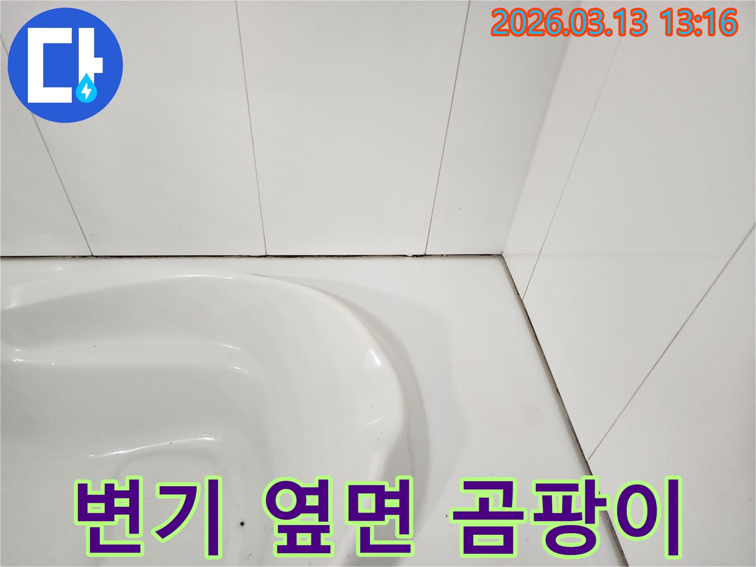 화장실 변기 옆면과-타일 경계에 발생한-검은 곰팡이와-오염을 보여주는 사진