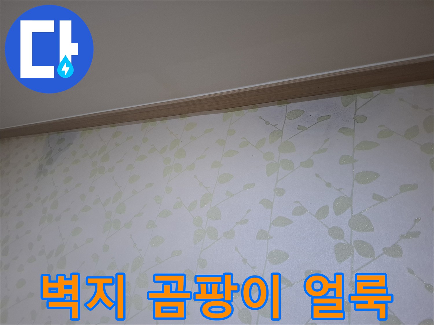 벽지 상단에 발생한 어두운 색의 습기 얼룩과 변색 상태