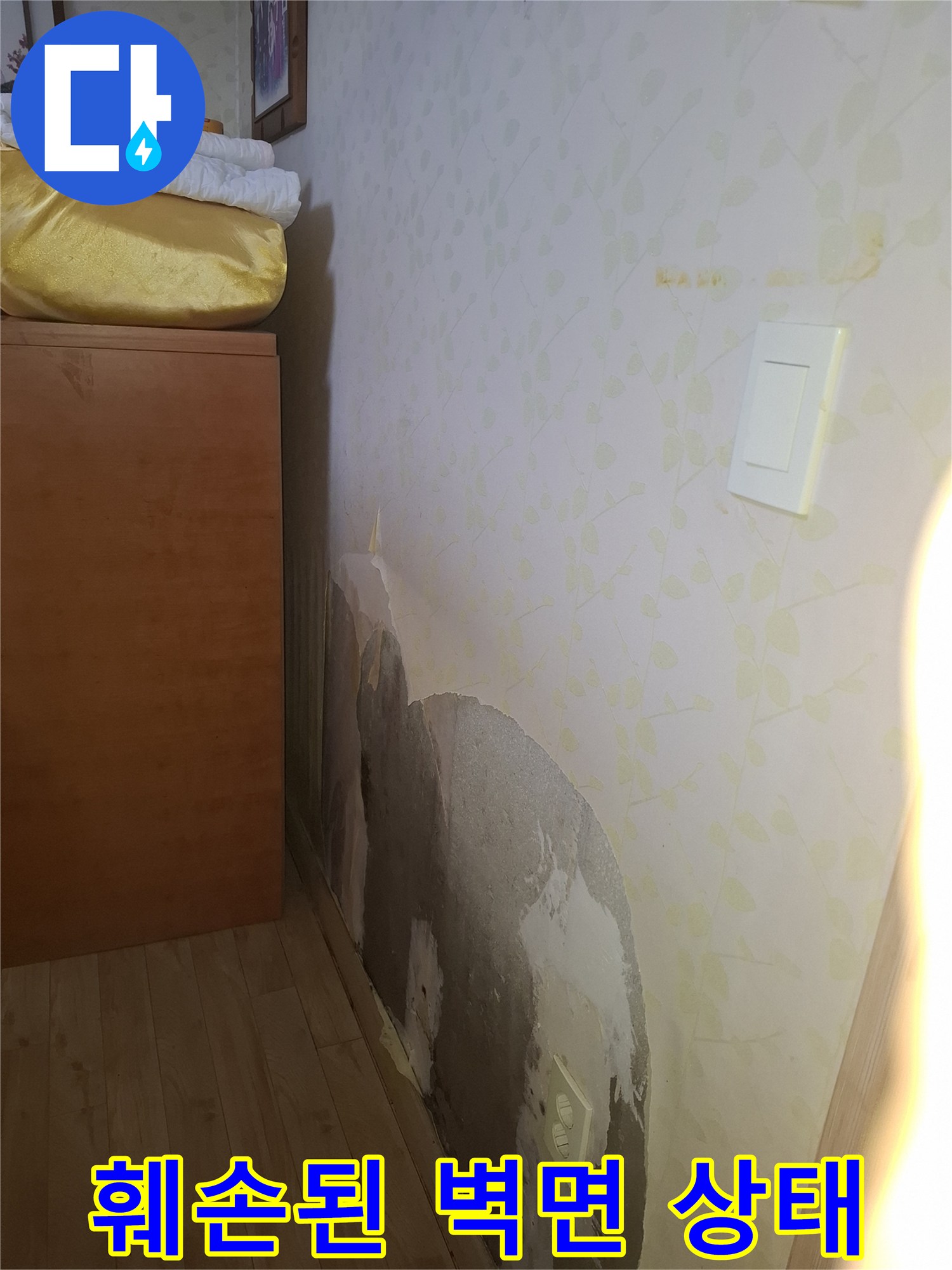 벽지 제거 후 노출된 젖은 콘크리트
