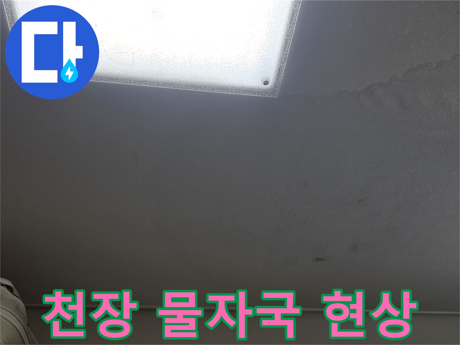 천장 조명 근처의 젖은 마감재와 습기 흔적