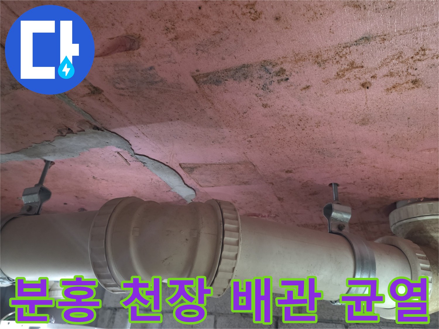 물샘 흔적이 있는 분홍색 천장재와 하수 배관