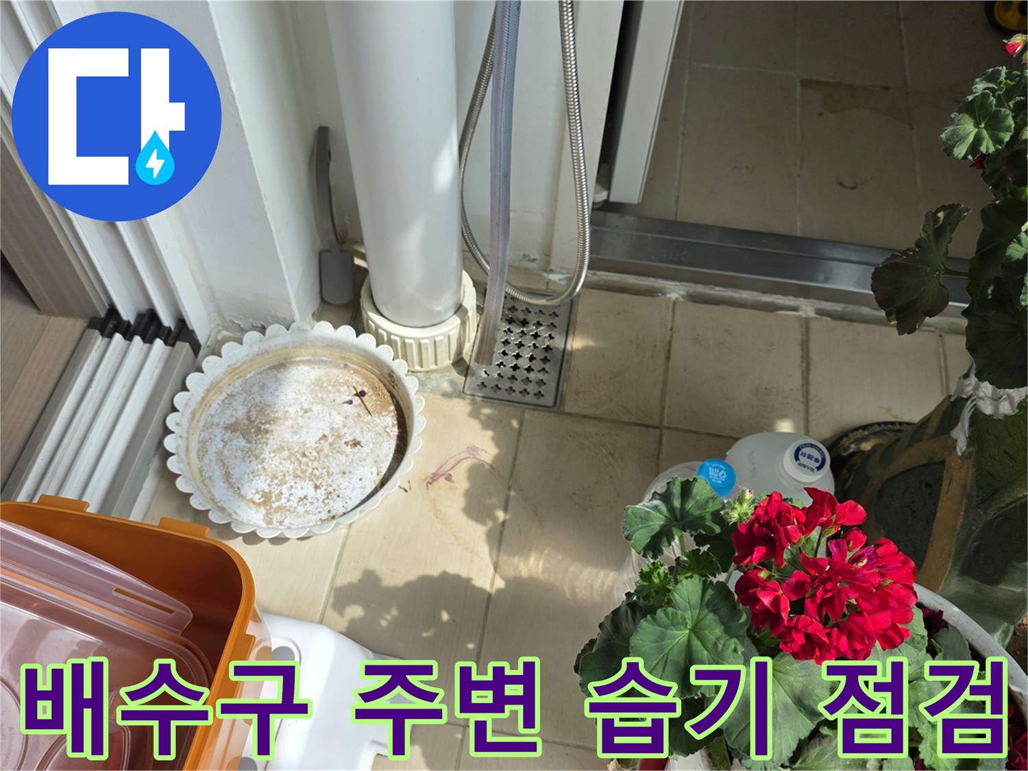화장실 바닥 배수구 근처의 젖은 흔적 확인
