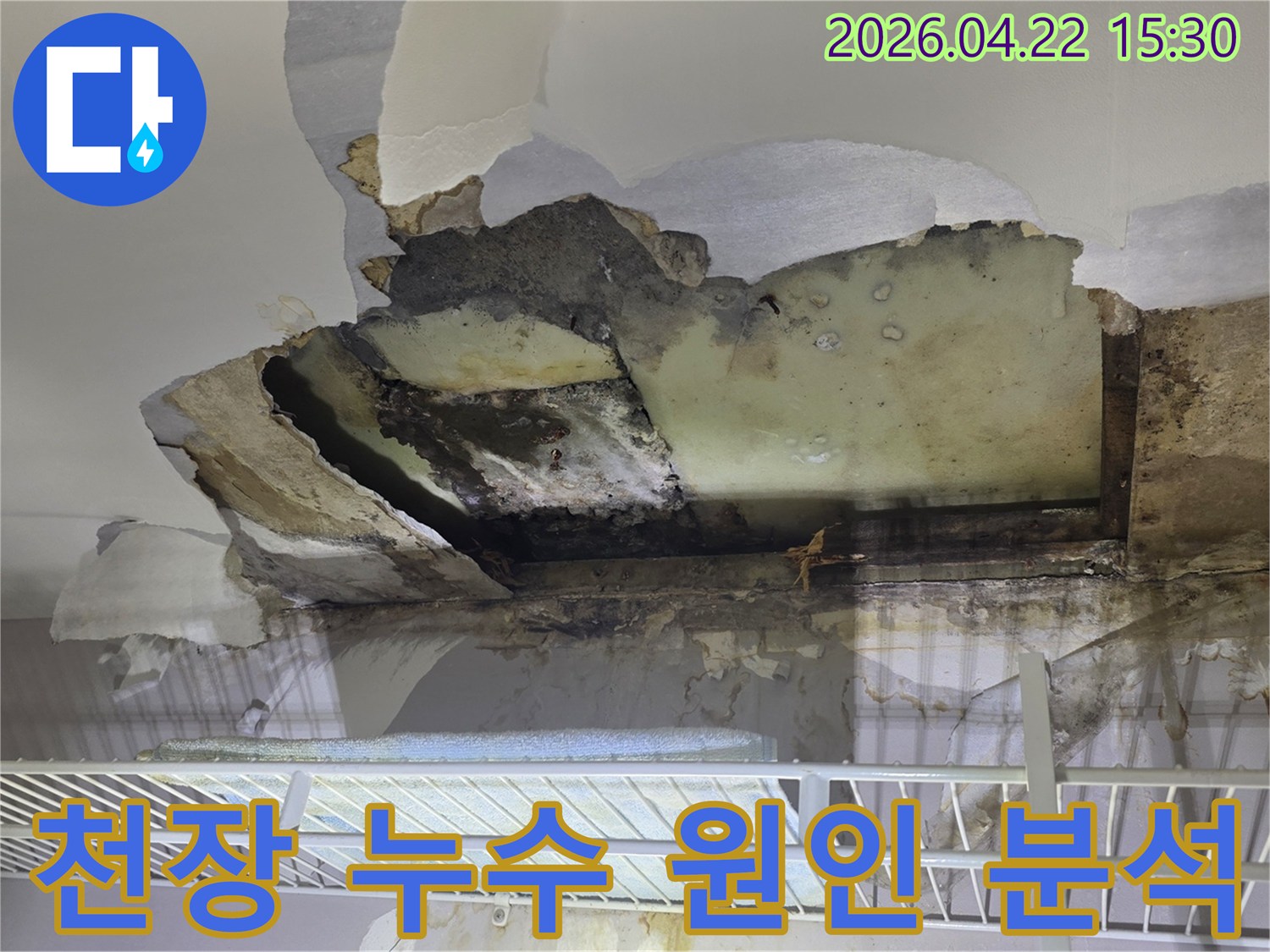 물기로-인해 심하게 손상된-천장 마감재와-내부 구조물 노출