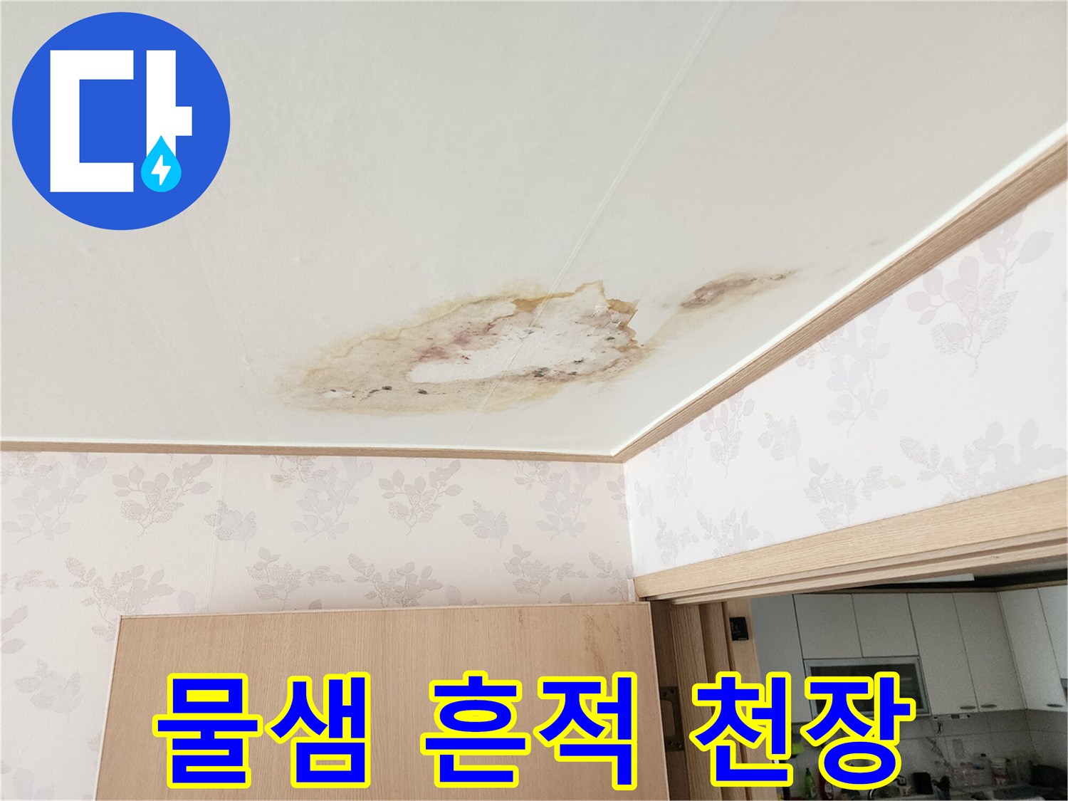 천장 마감재에 나타난 물샘 증상 부위
