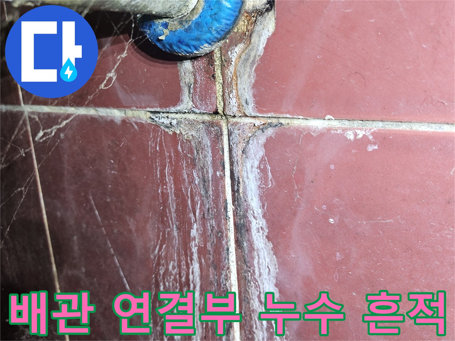 파란색 마감재 부근의 배관 누수 및 백화 현상