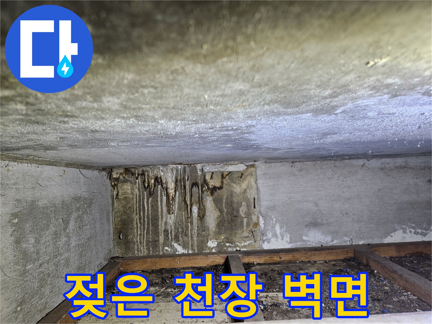 물샘 현상이 발생한-상가 천장 내부의 젖은 부위