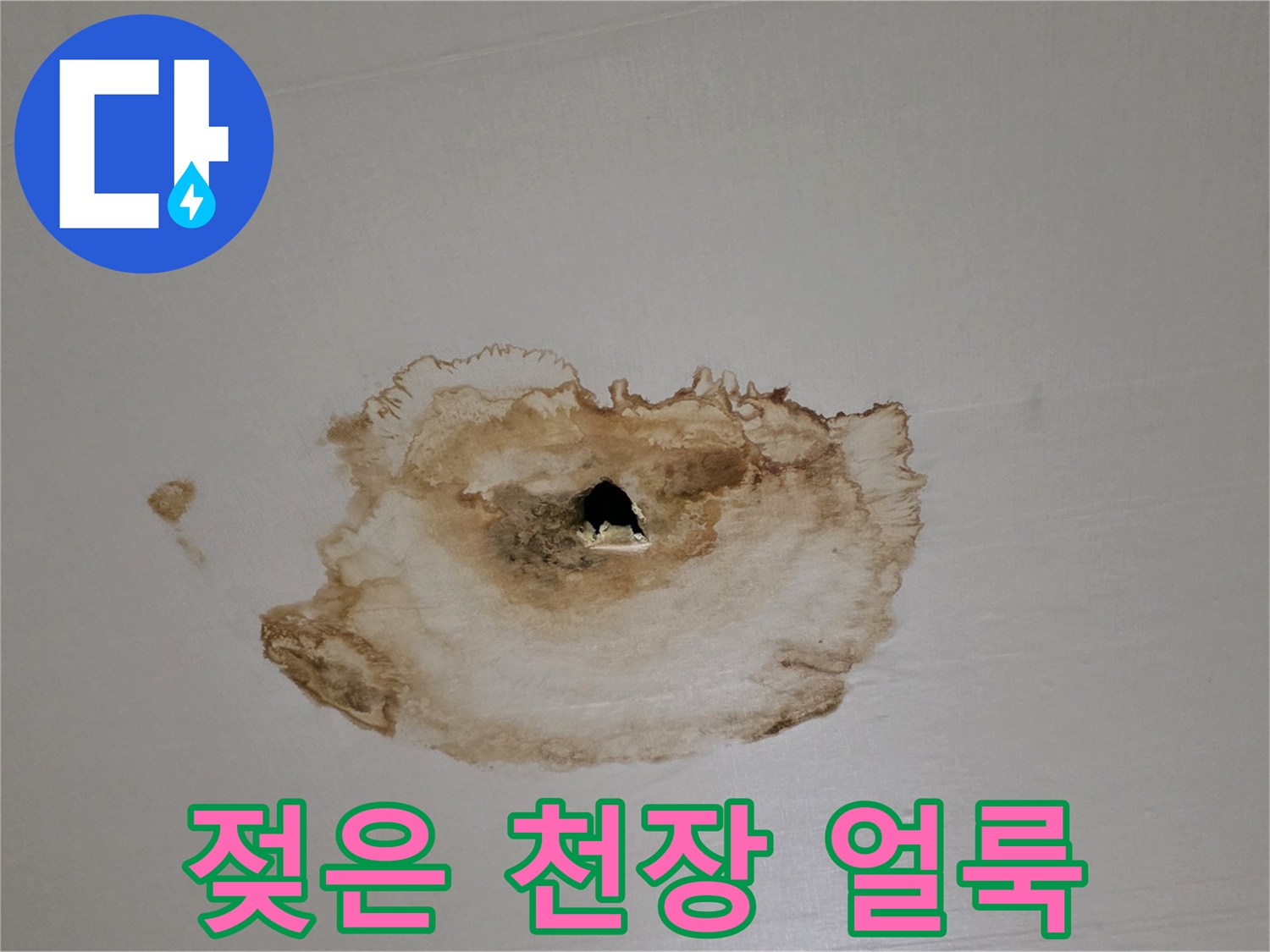 천장 마감재에 발생한 짙은 누수 오염 부위