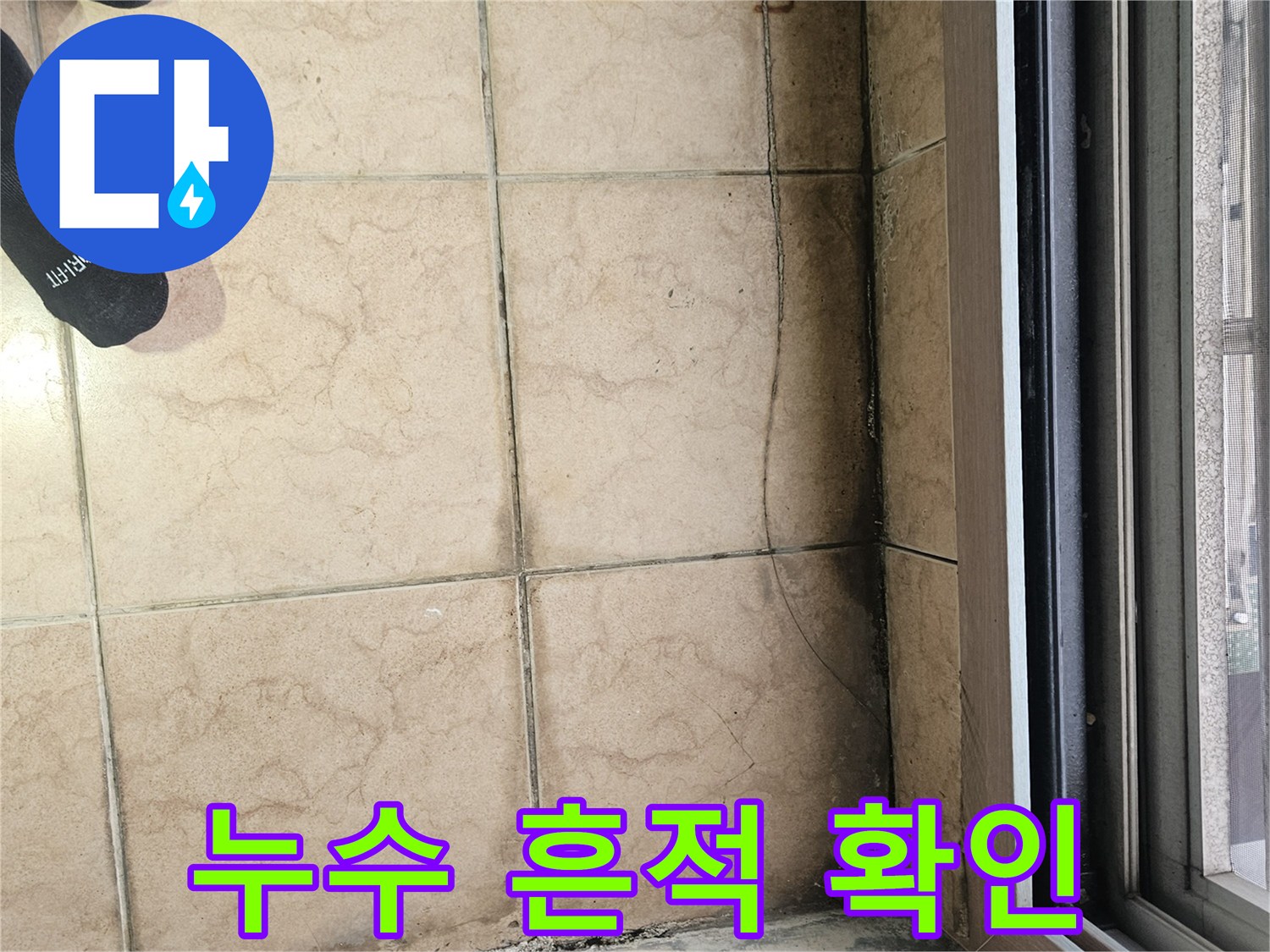 베란다 타일 접합부의 젖은 오염 부위 근접 촬영