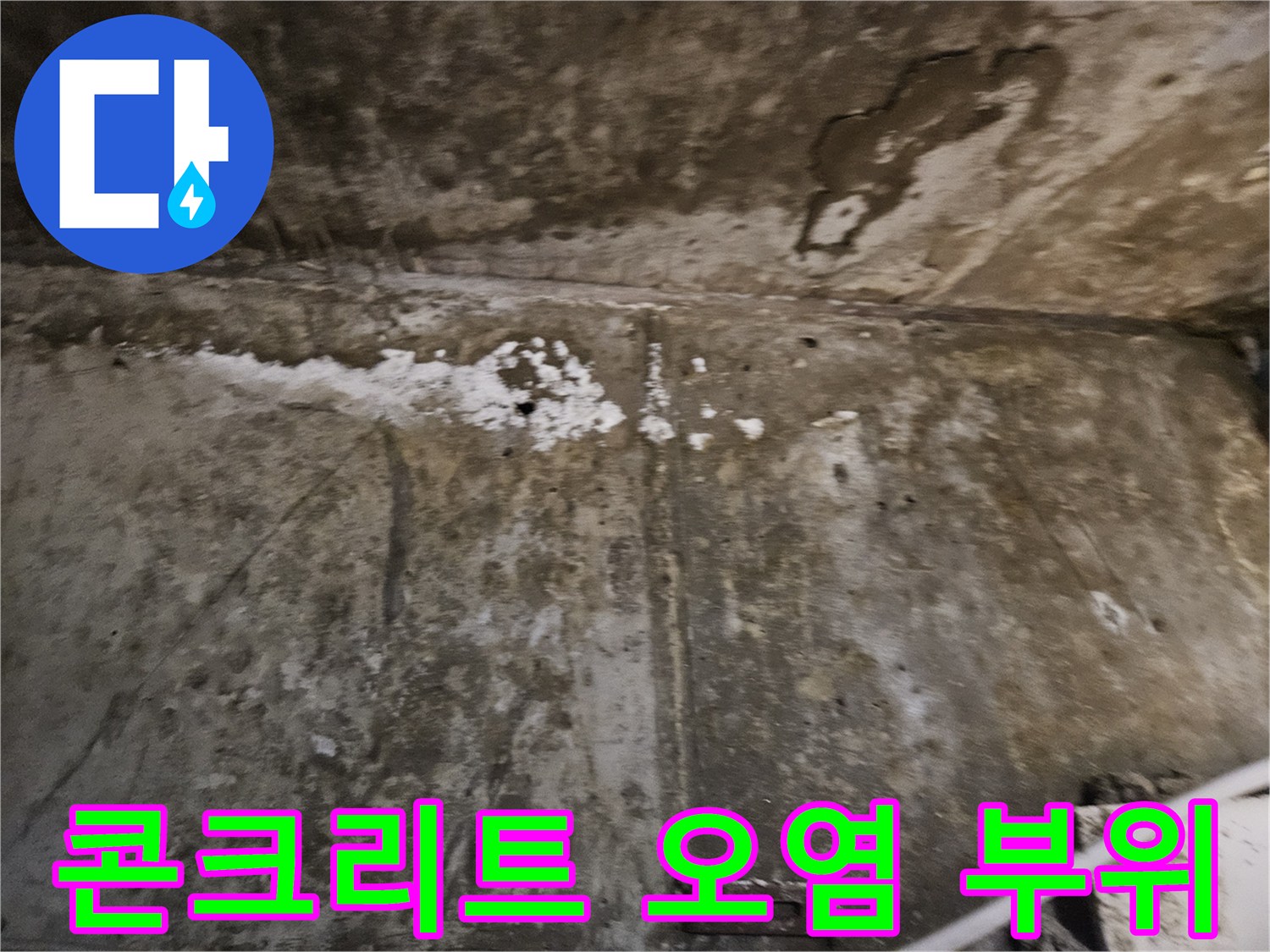 습기로 인해 변색되고 얼룩진 천장 콘크리트 구조물
