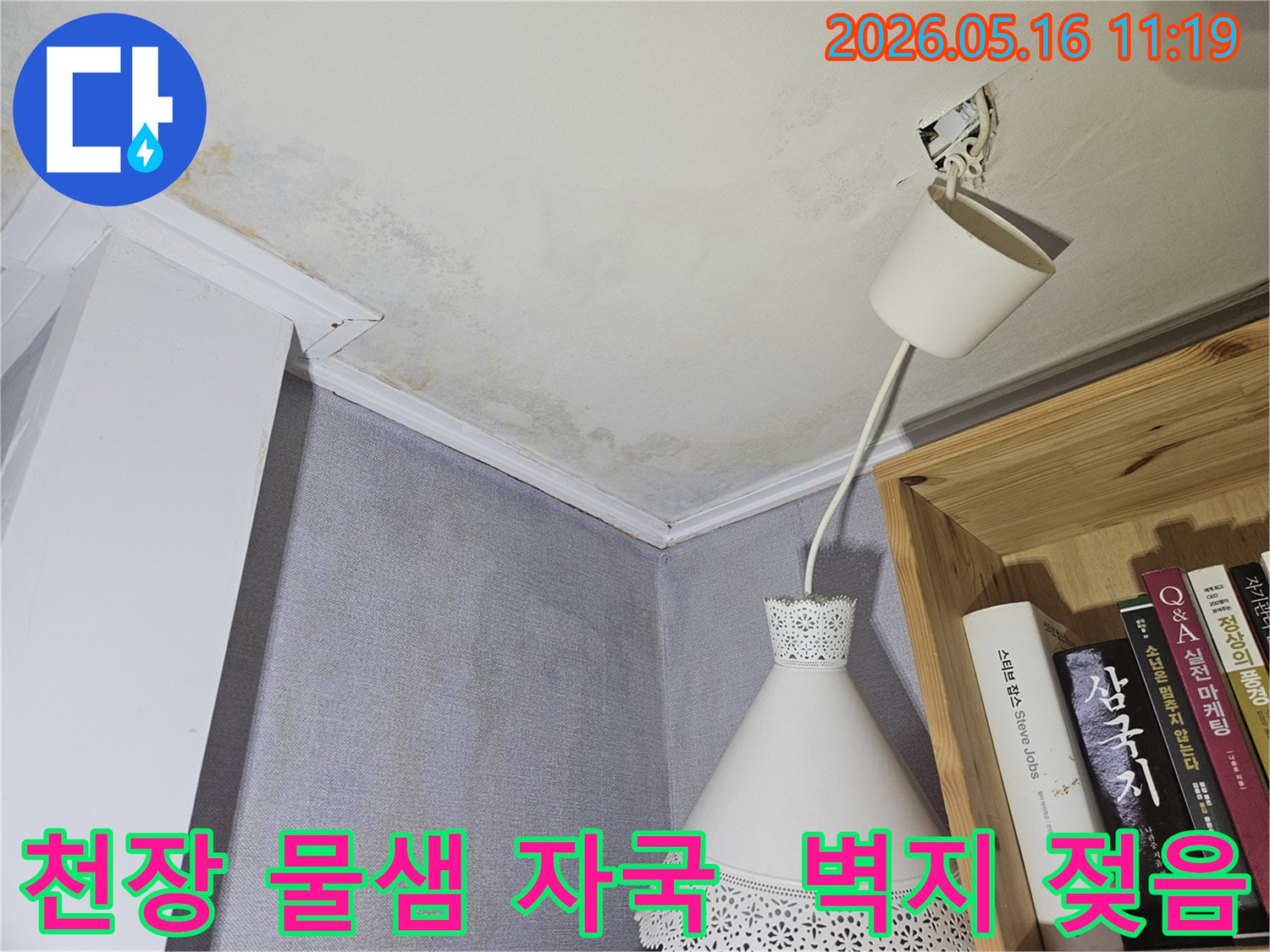 천장에서 물이 떨어져-벽지가 젖고-곰팡이가 생긴-누수 현장 모습