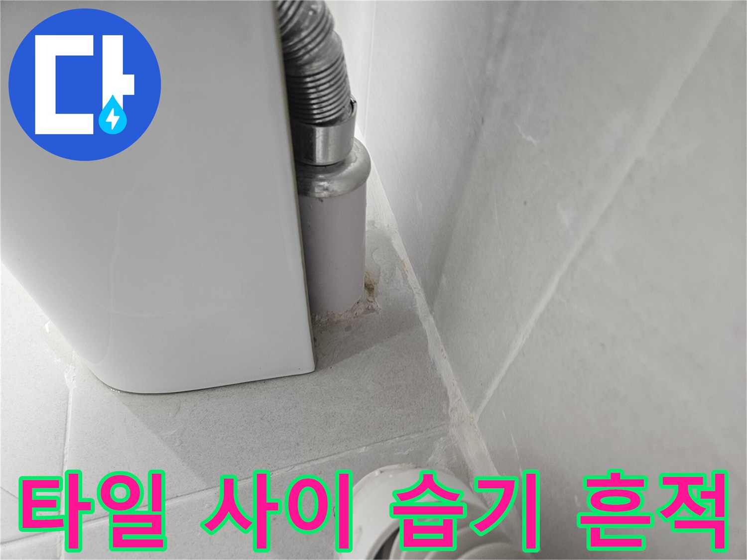 변기 뒤쪽 타일 틈새에 스며든 누수 잔해