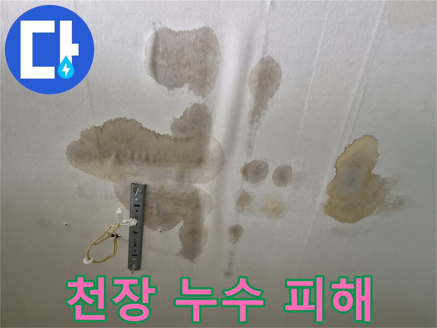 물에 젖어 변색된 천장 마감재와 노출된 전선 연결 부위