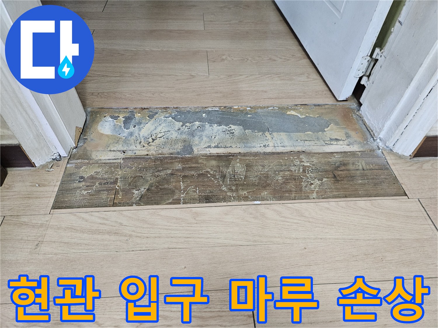 누수로 인해 얼룩지고 변색된 현관 마루 상태